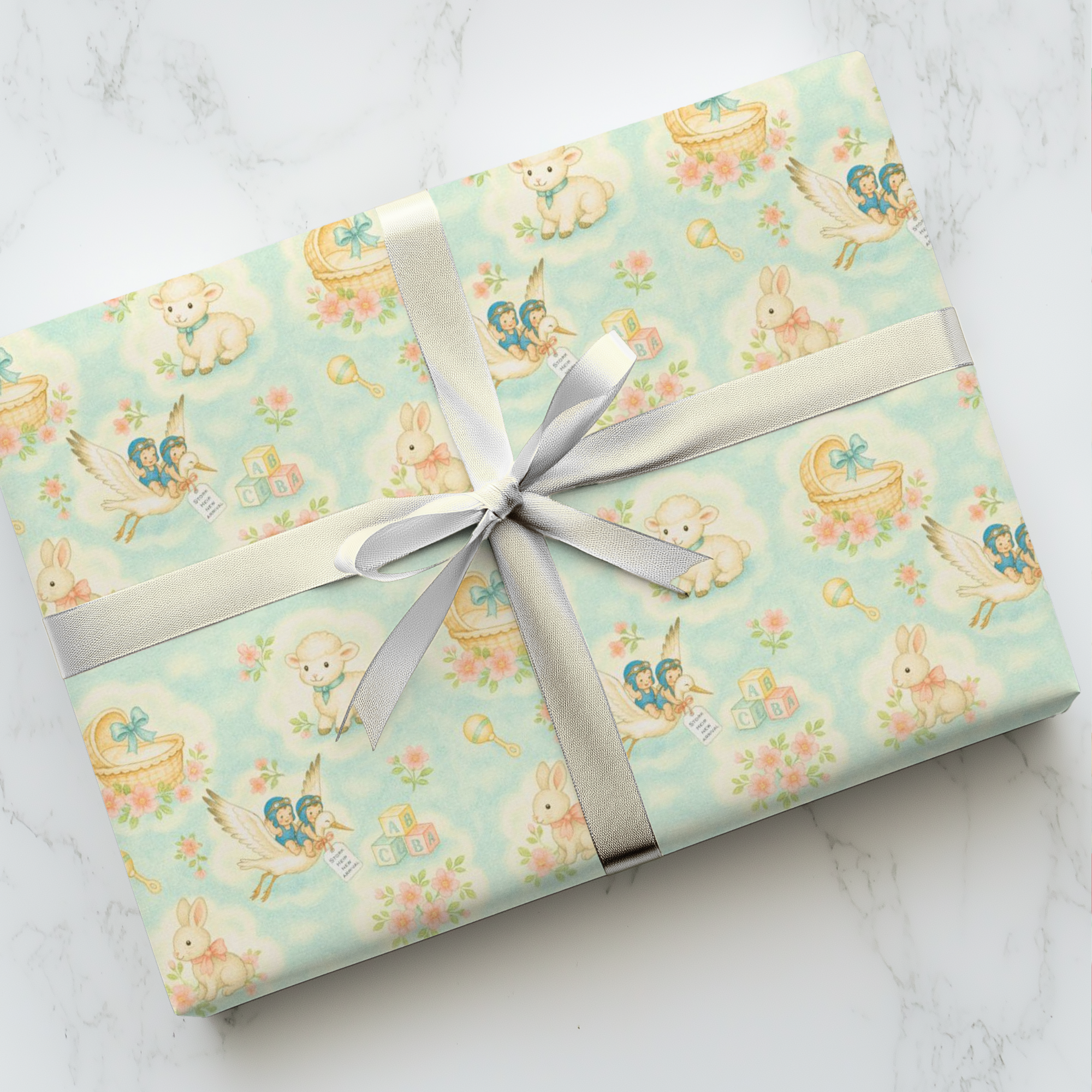 Vintage baby shower wrapping paper with stork, lamb, bunny &amp; toys