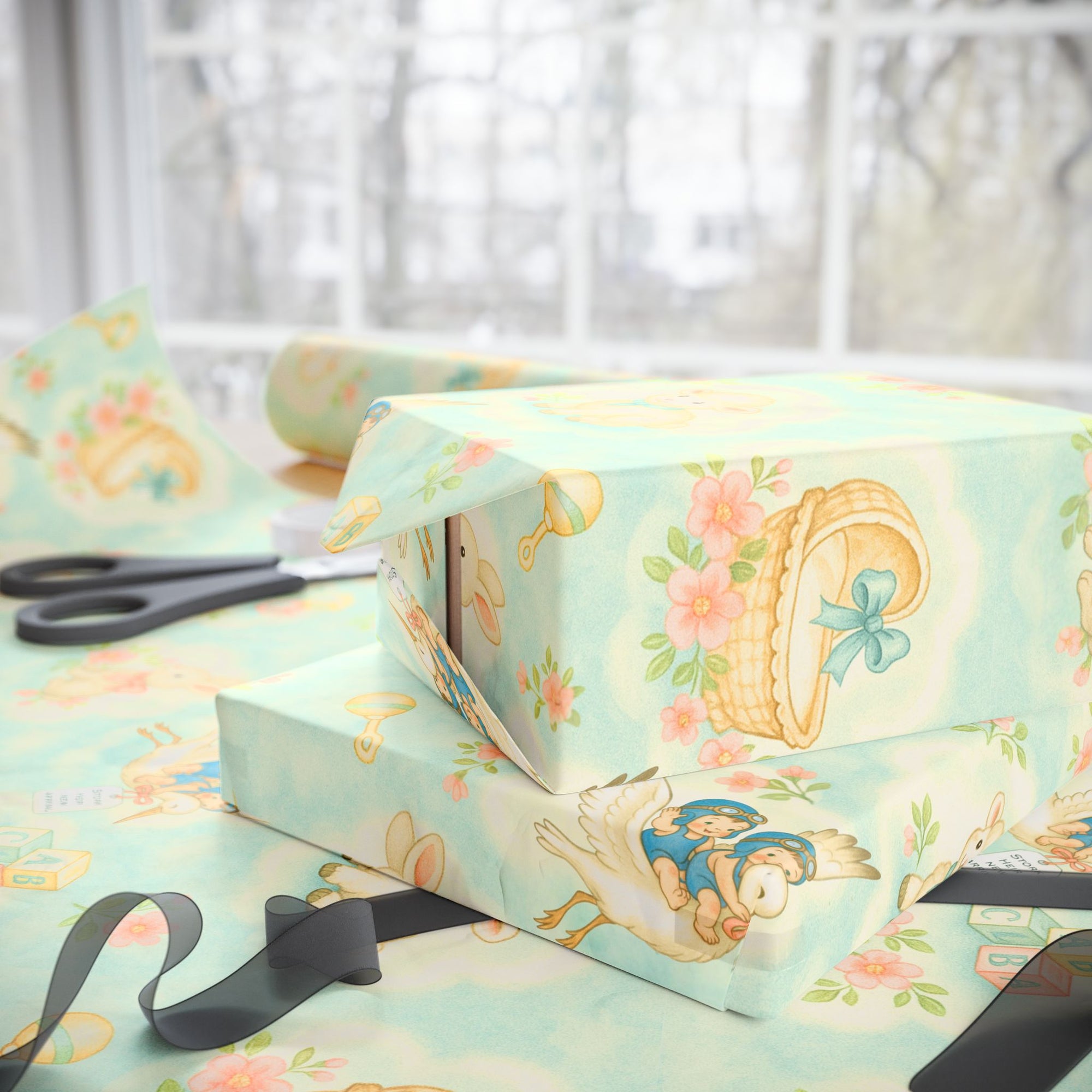 Vintage baby shower wrapping paper with stork, lamb, bunny &amp; toys