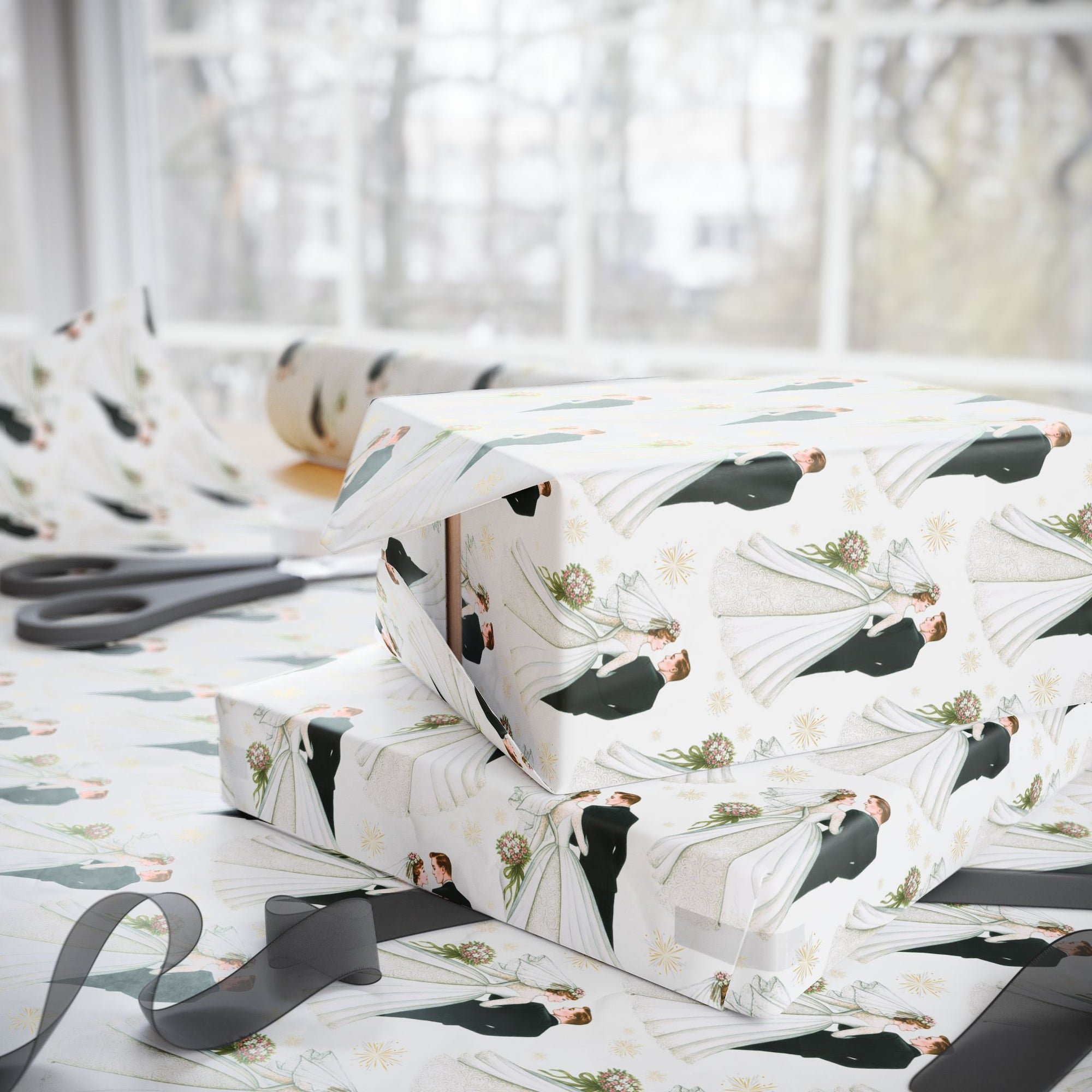 Vintage-style wedding wrapping paper featuring bride and groom illustration on white background with gold starbursts.