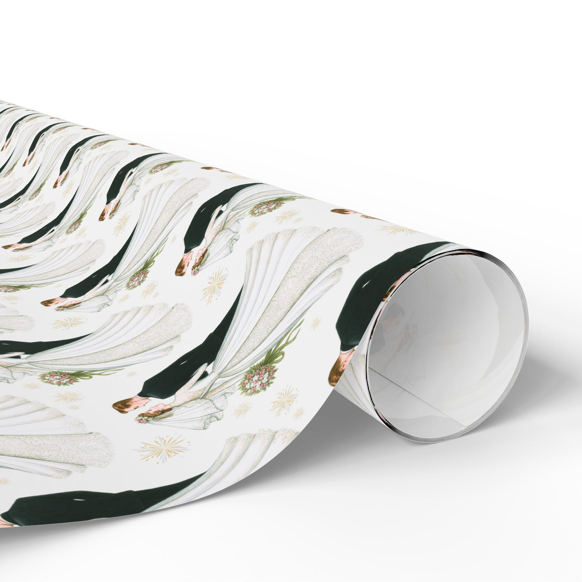 Vintage-style wedding wrapping paper featuring bride and groom illustration on white background with gold starbursts.