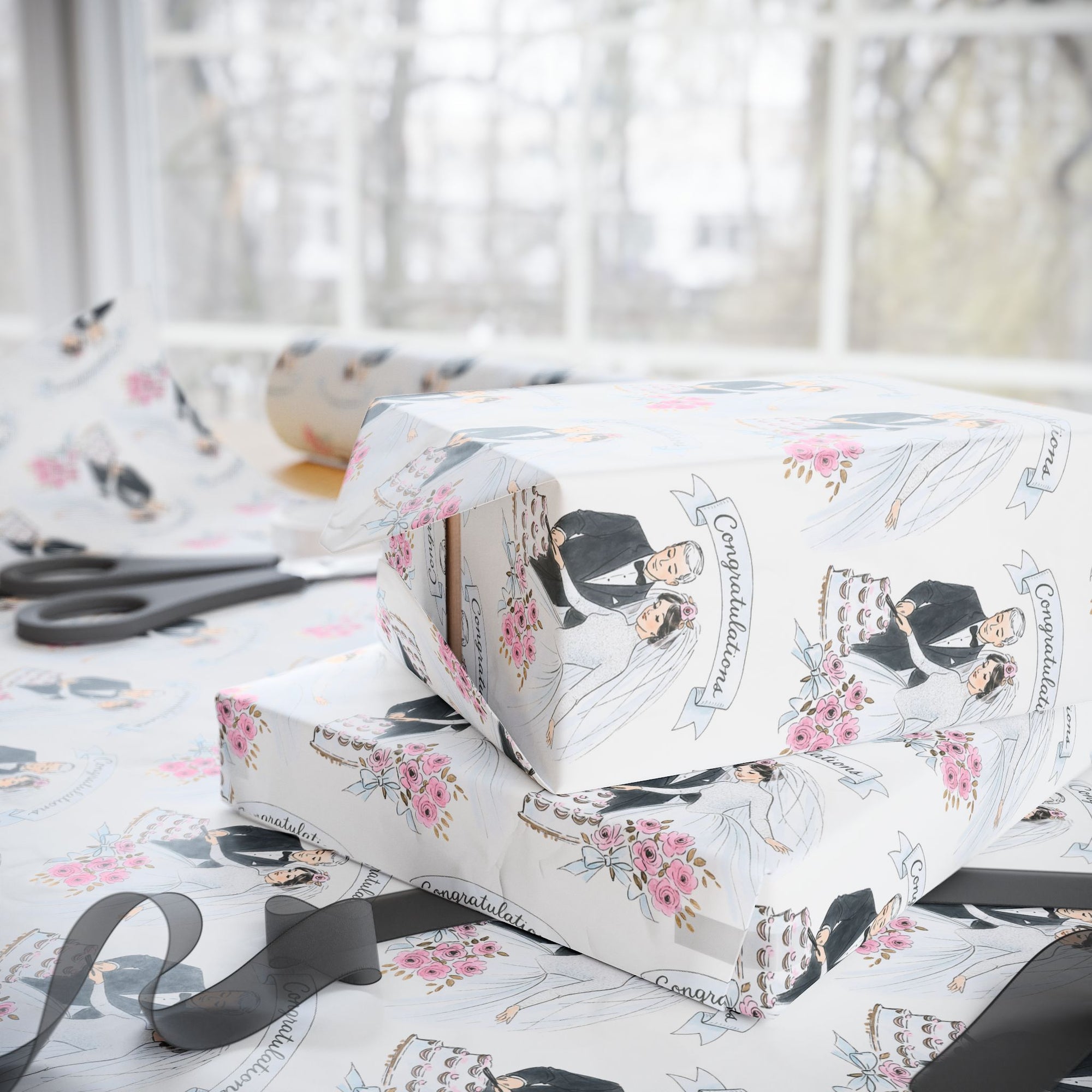 Retro wedding and bridal wrapping paper with a retro bride and groom cutting a wedding cake.