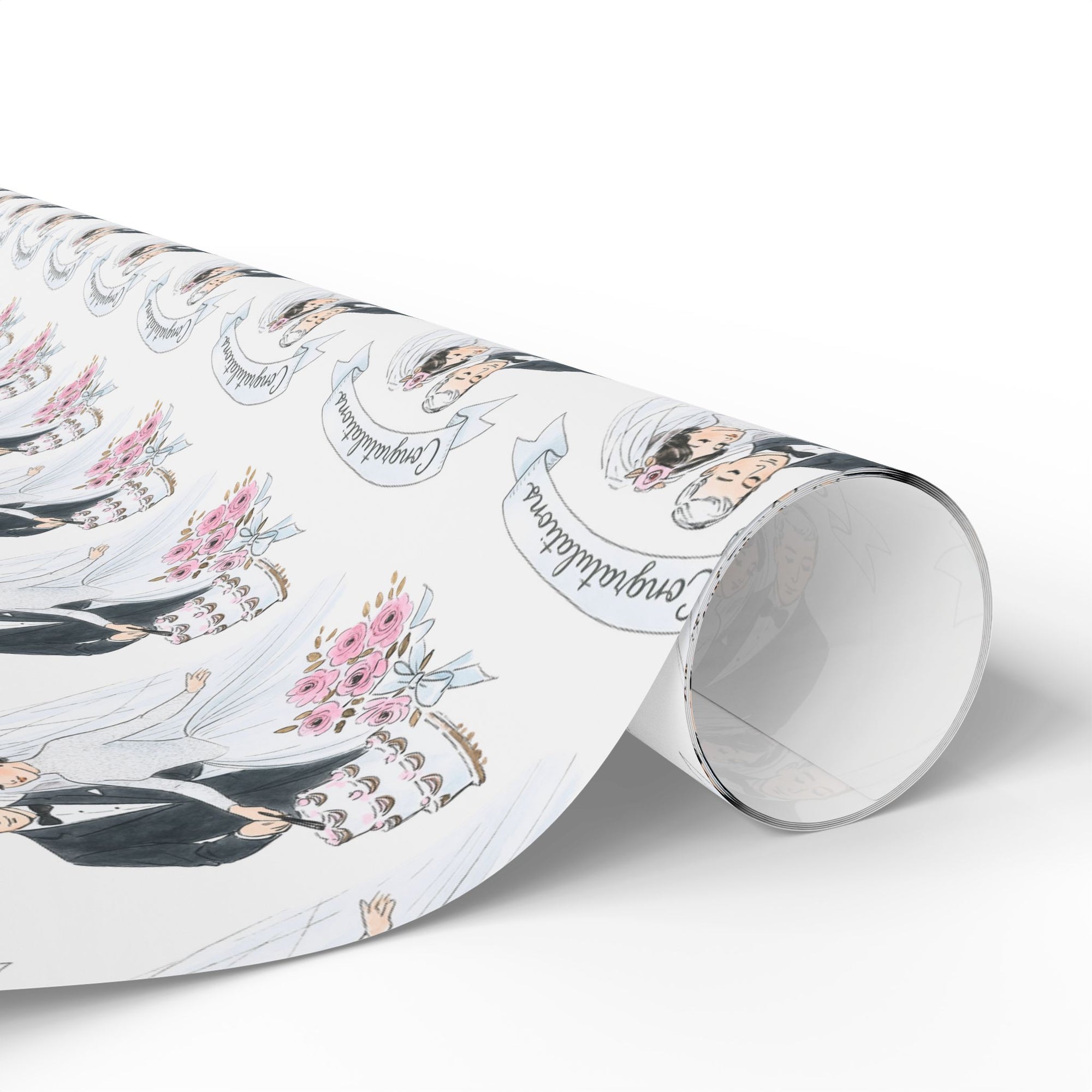 Retro wedding and bridal wrapping paper with a retro bride and groom cutting a wedding cake.