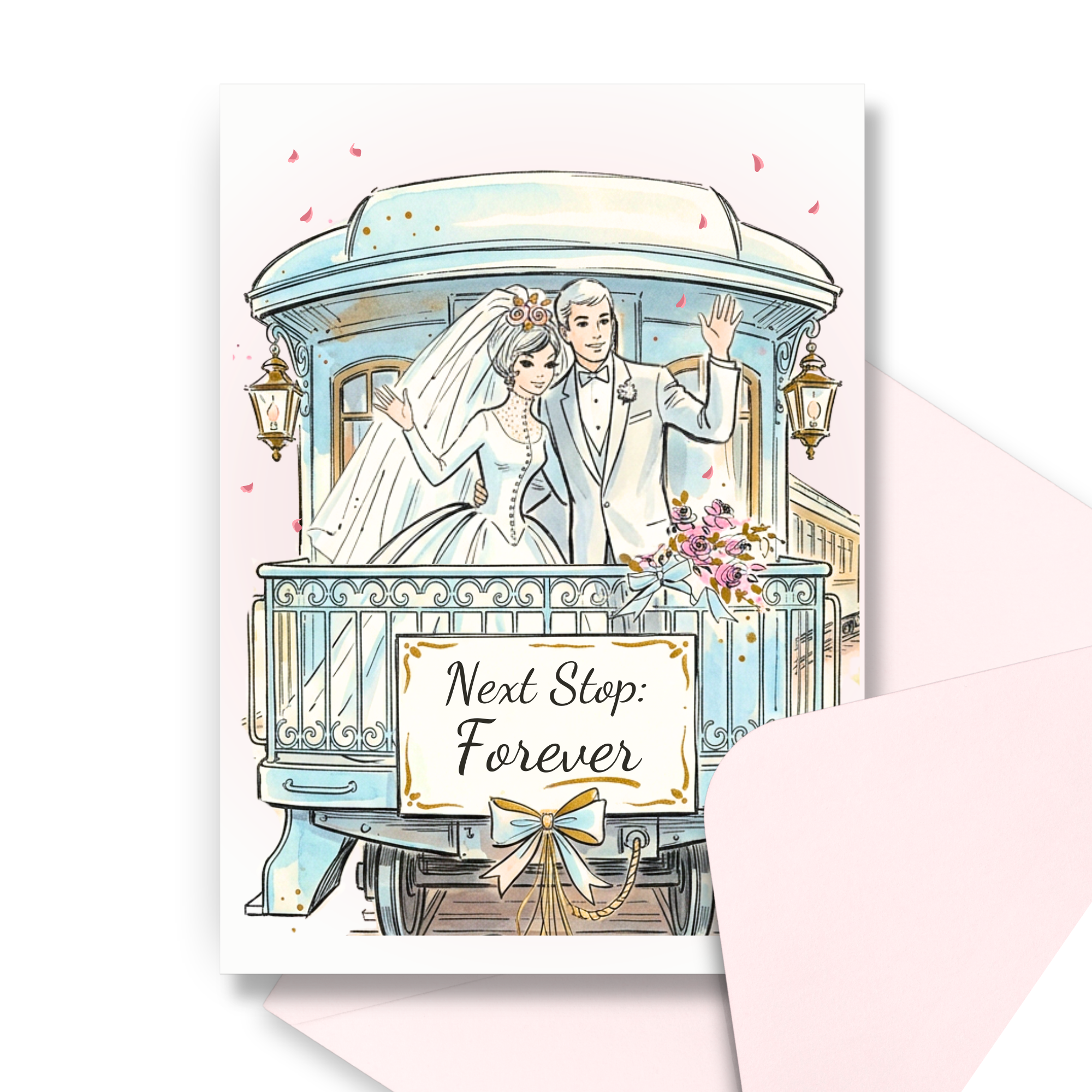 Vintage honeymoon train wedding card with bride and groom waving from train balcony and sign reading Next Stop Forever with a coordinating pink envelope.