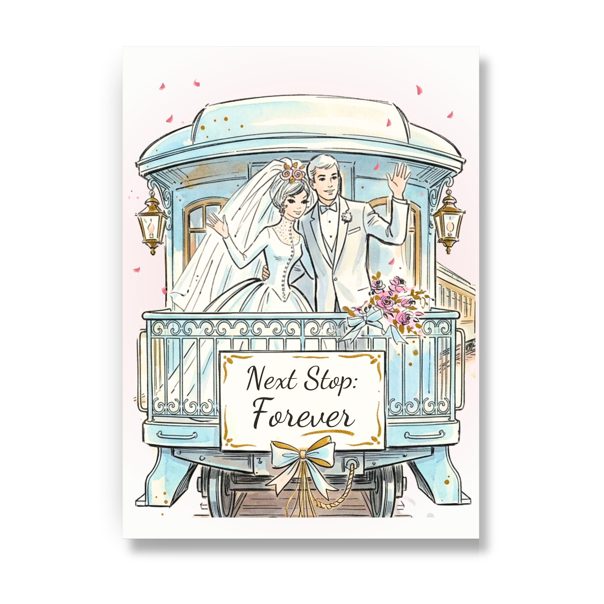 Vintage honeymoon train wedding card with bride and groom waving from train balcony and sign reading Next Stop Forever.