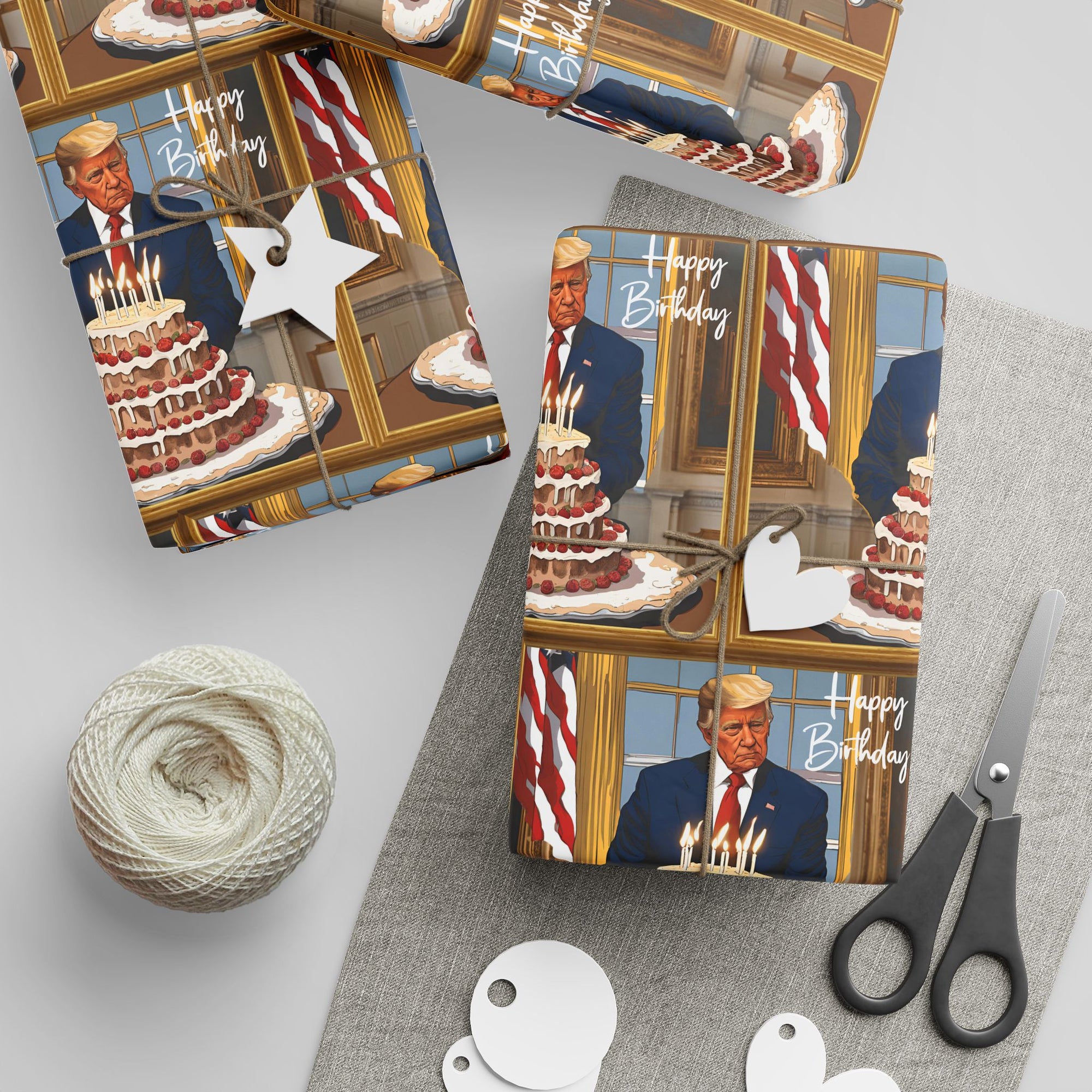 Funny political birthday wrapping paper featuring a White House cake scene and Oval Office background pro-America gift wrap -Top