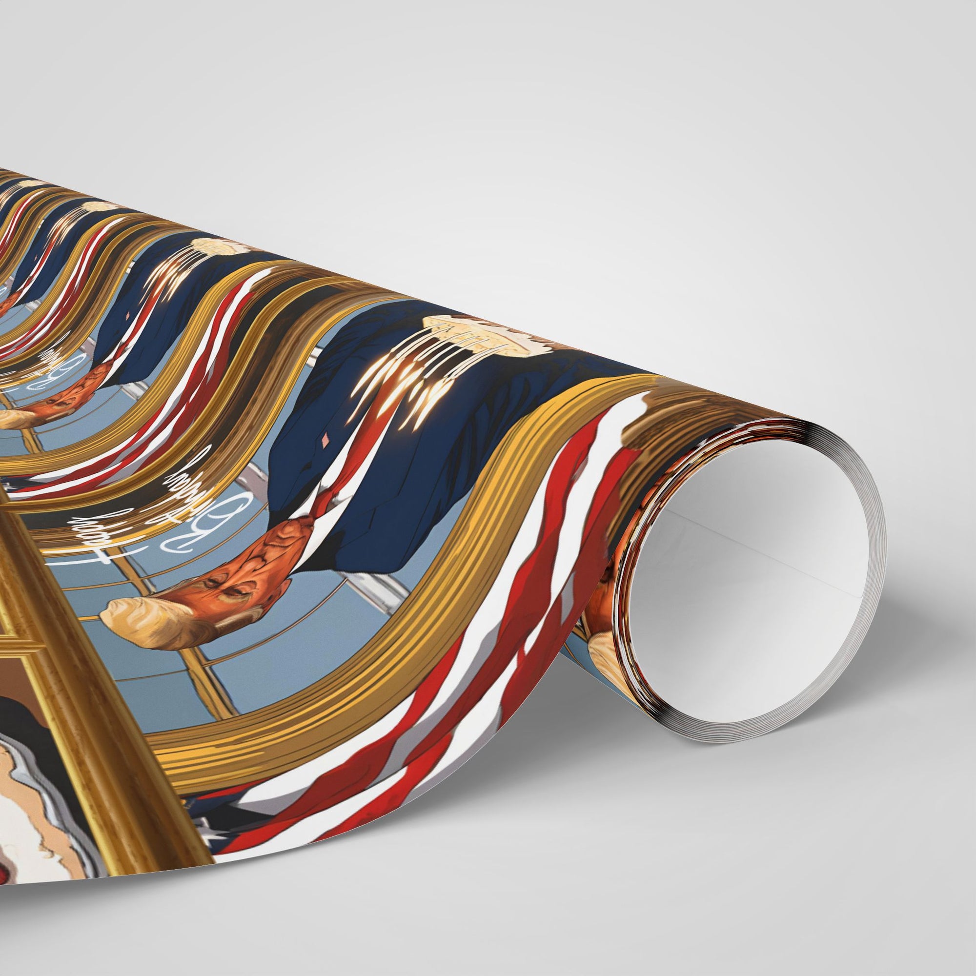 Funny political birthday wrapping paper featuring a White House cake scene and Oval Office background – pro-America gift wrap- Roll
