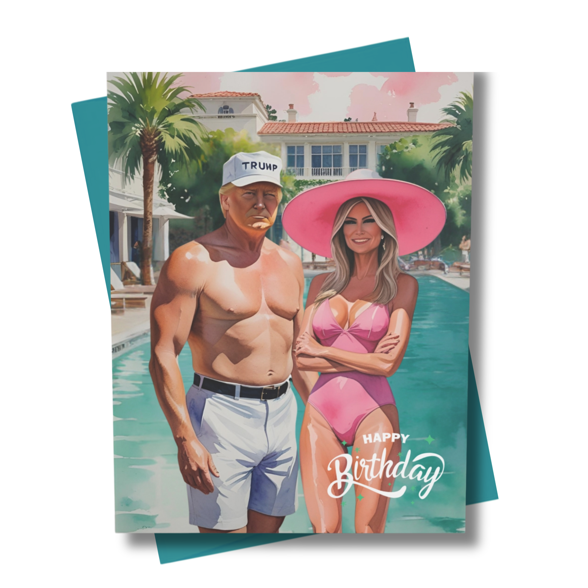 Front cover of Palm Beach Political Birthday Card featuring the President and First Lady poolside
