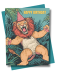 Birthday card with a lion wearing a party hat and flexing muscles against a jungle leaf background.