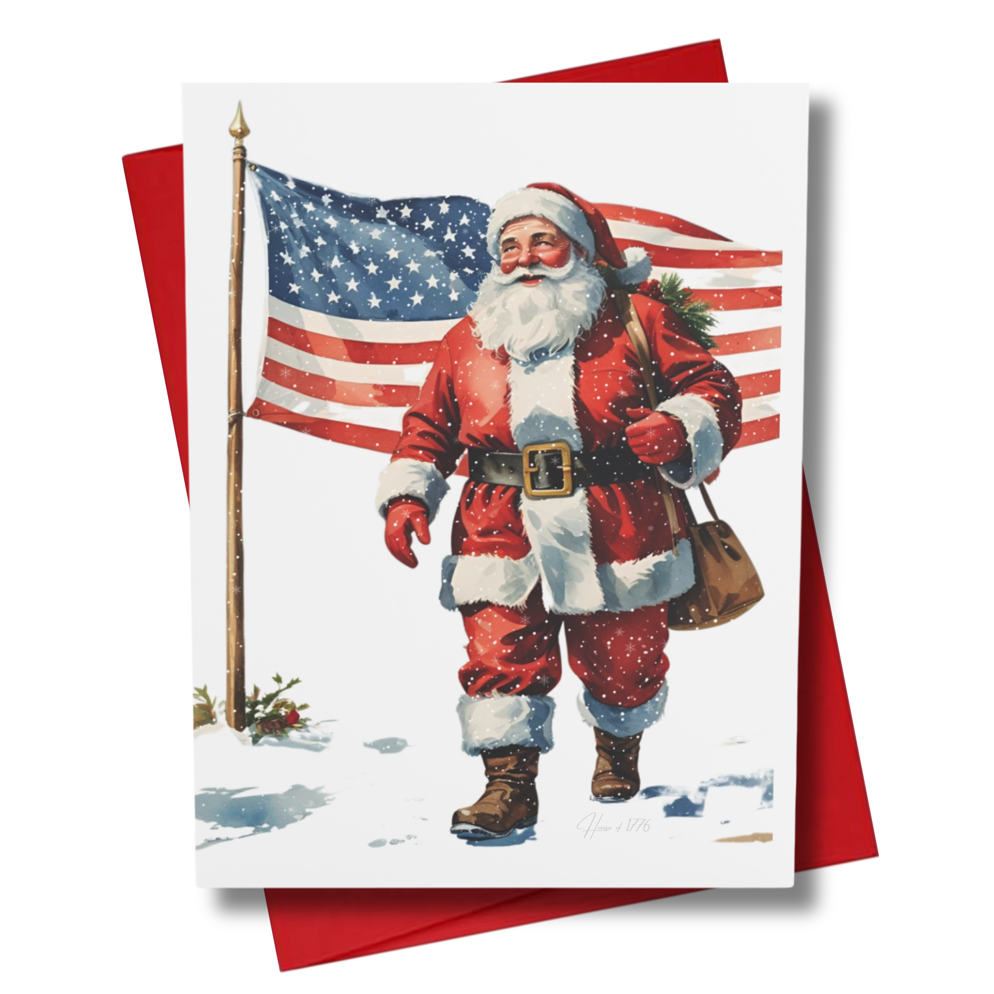 Vintage-style Christmas card with Santa Claus with an American flag waving behind on a white background placed on a red envelope Front