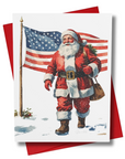 Vintage-style Christmas card with Santa Claus with an American flag waving behind on a white background placed on a red envelope Front