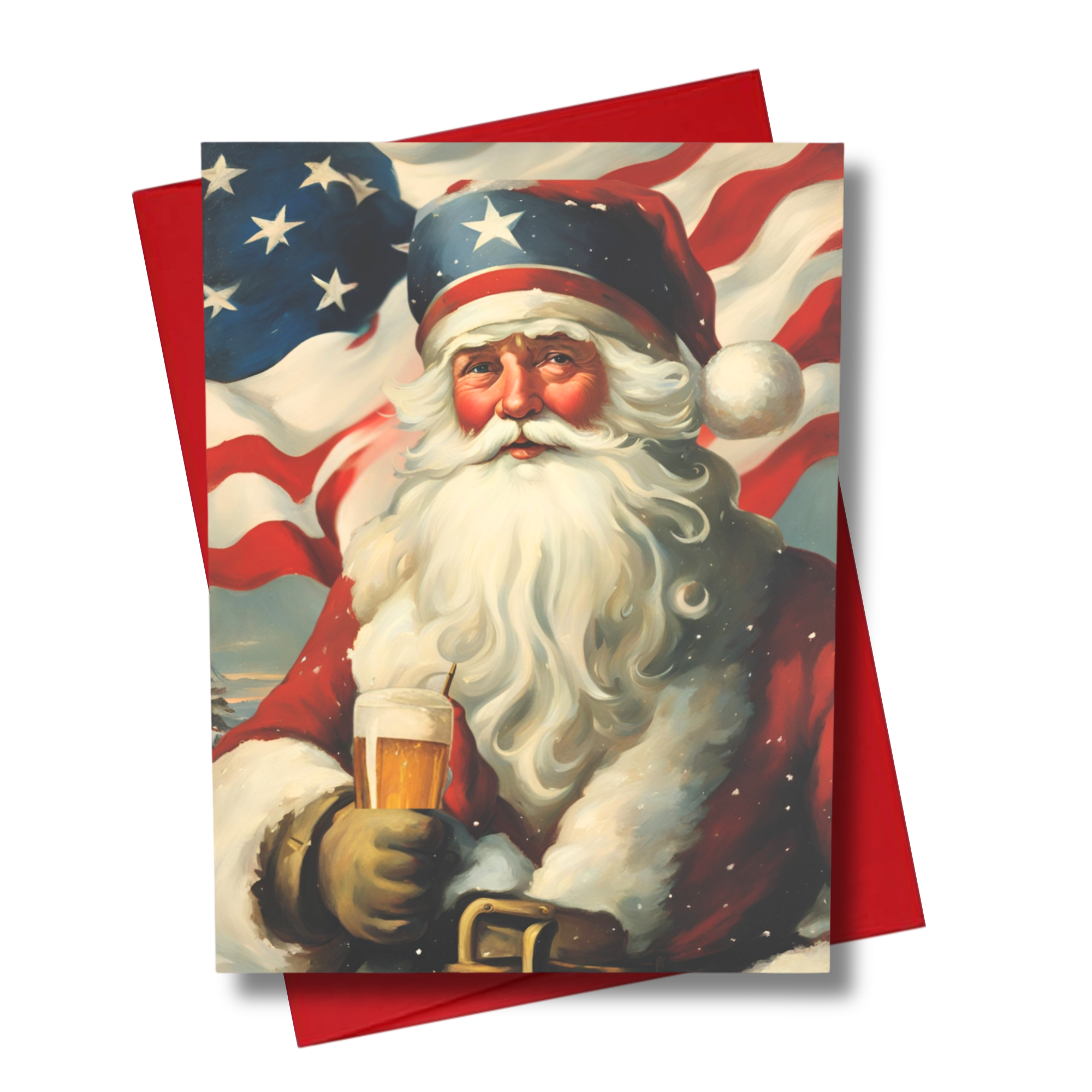 Vintage-style card with a patriotic and handsome Santa Claus holding a beer mug, featuring an American flag.