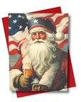 Vintage-style card with a patriotic and handsome Santa Claus holding a beer mug, featuring an American flag.