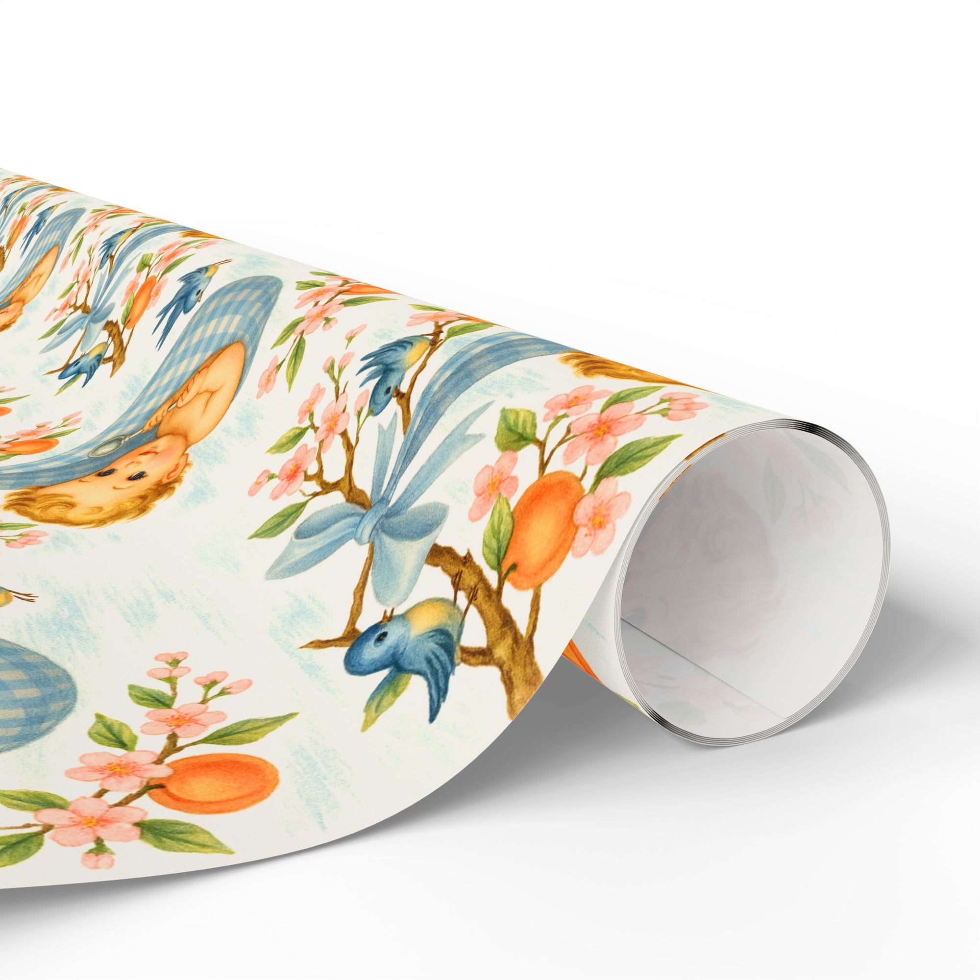 Roll of baby wrapping paper with a baby, birds and floral design on a white background.
