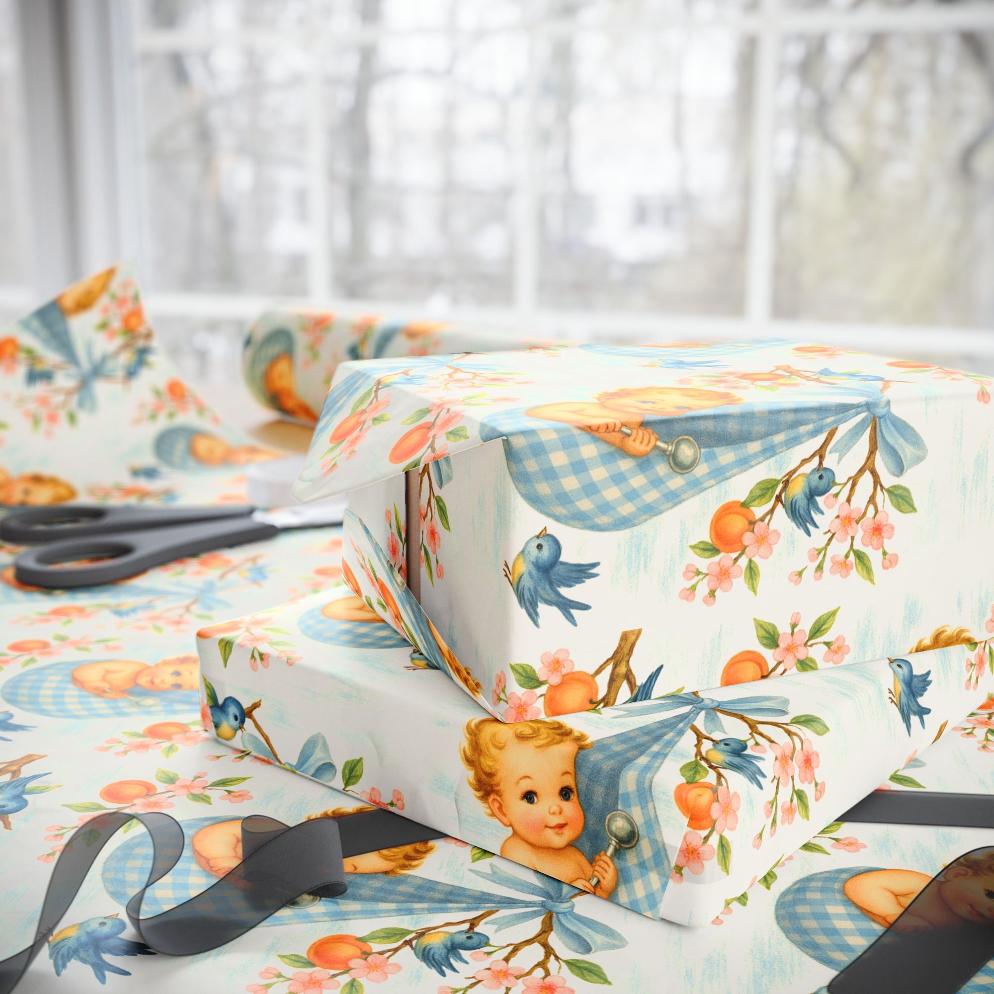 Baby wrapping paper with a baby, birds and floral design on a white background.