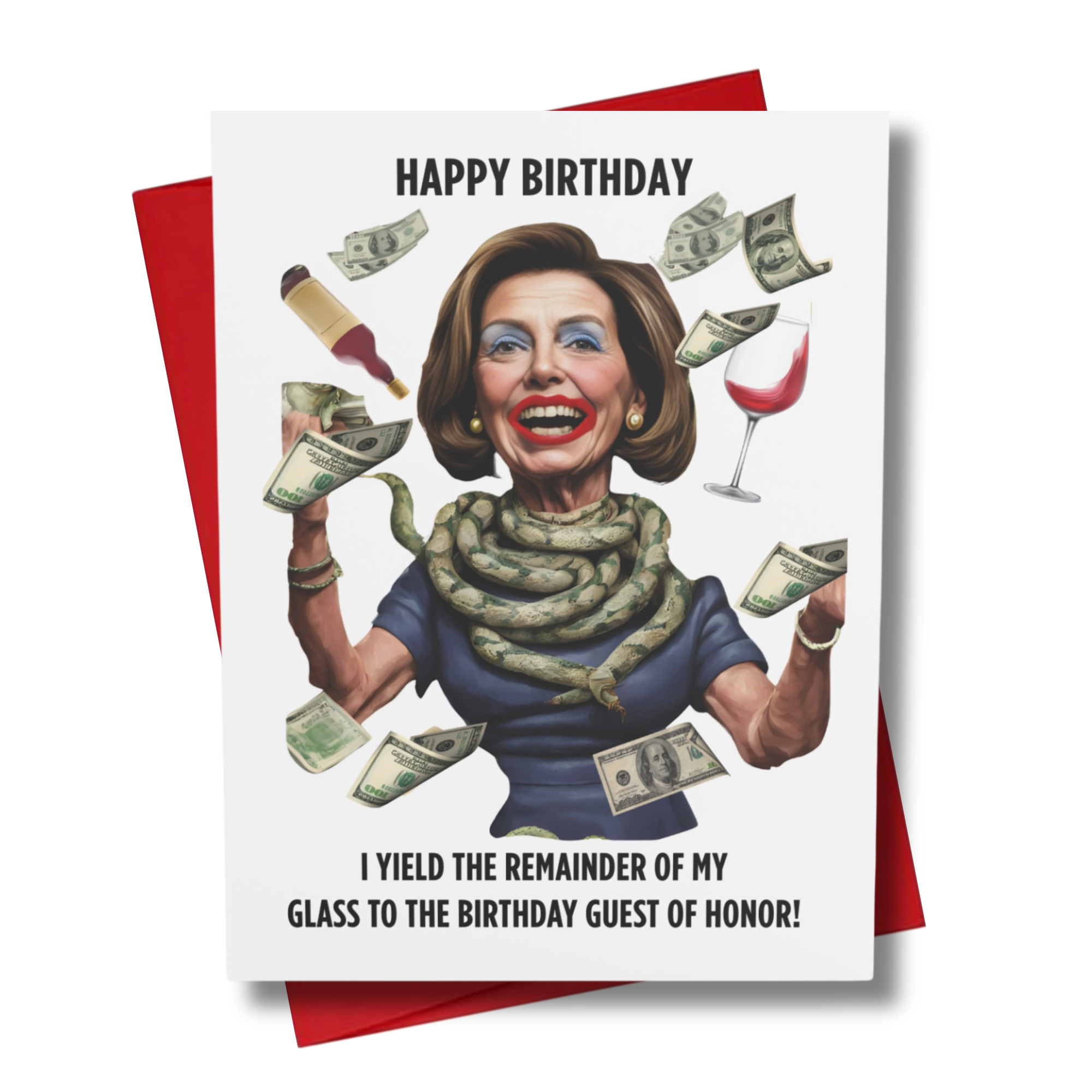 Birthday card with a house speaker Nancy holding money and a glass of wine, with text on a white background.