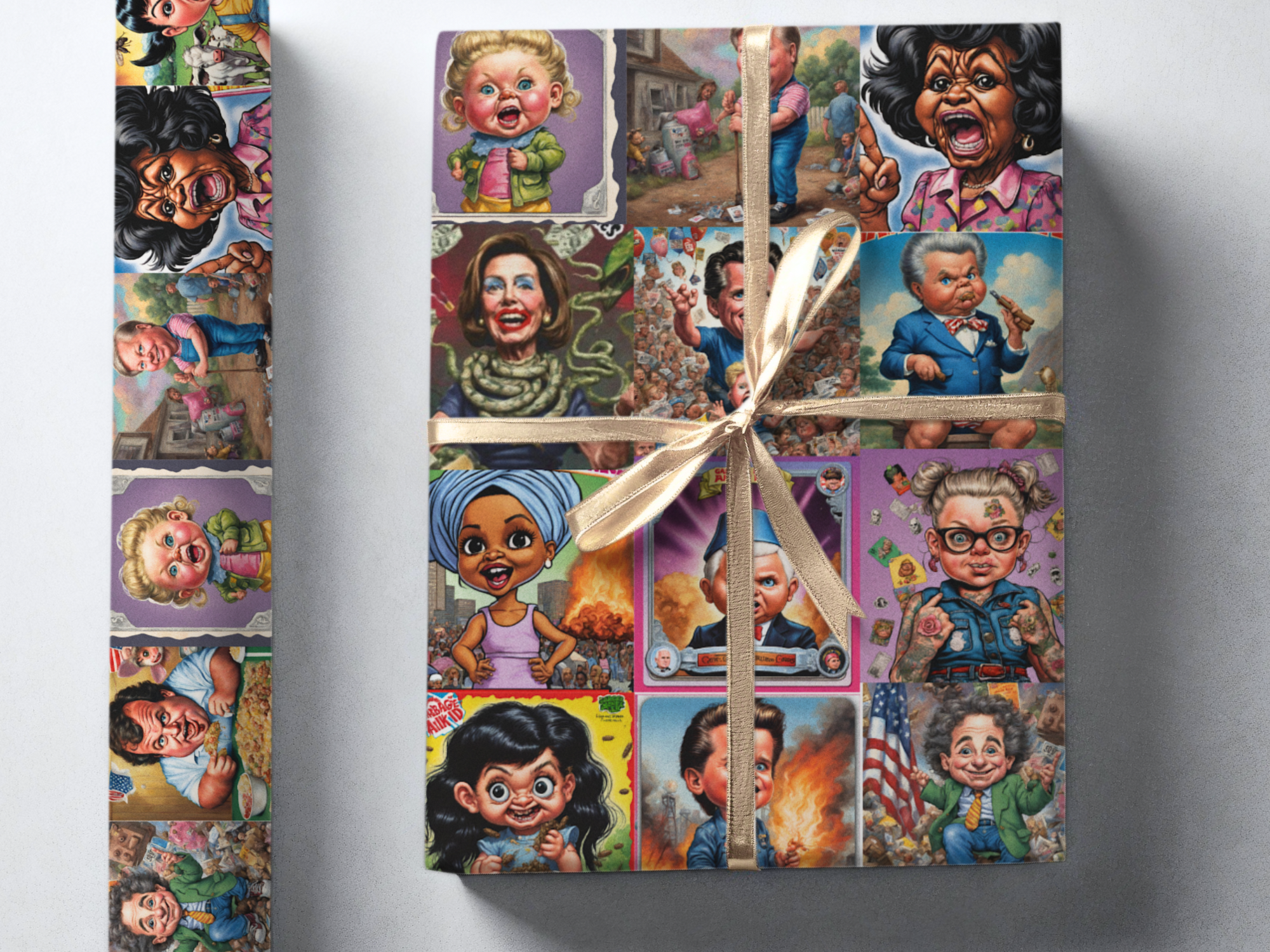 Gift wrapped package in a funny political wrapping paper with politicians like Linsey Graham, hillary clinton, pocahantus warren, chuck schumer, maxine Waters, nancy pelosi and more depicted in the swamp 