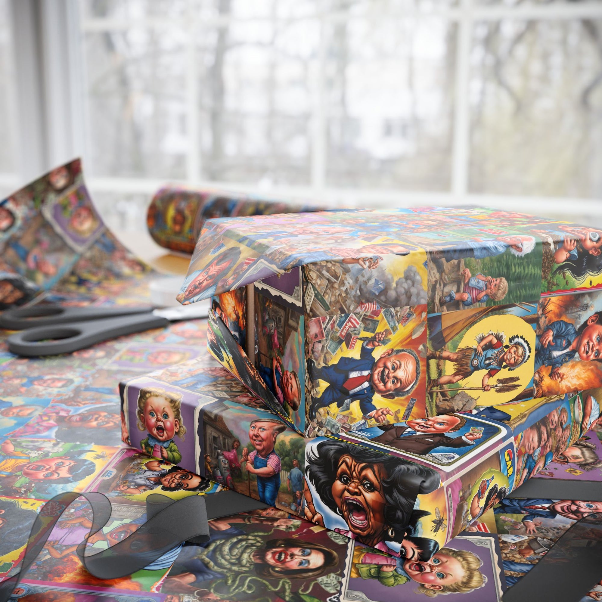 Funny political wrapping paper with politicians depicted in the political swamp  maga republican anti-dem  gift wrap roll side