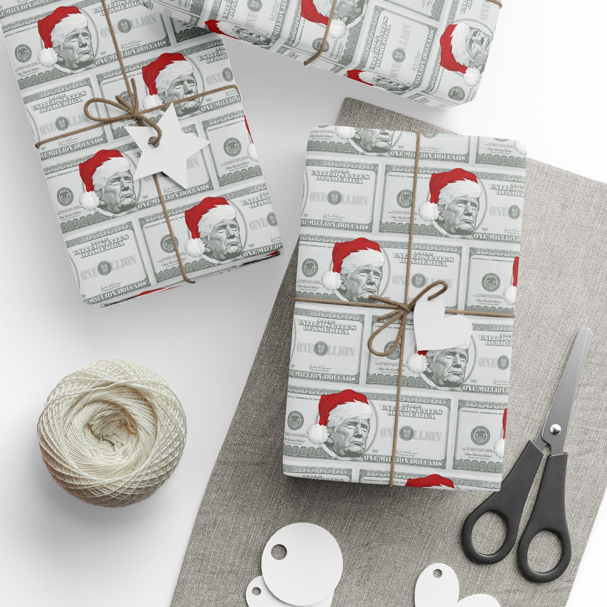 Gift wrap with million dollar bill design with POTUS in a Santa hats front view