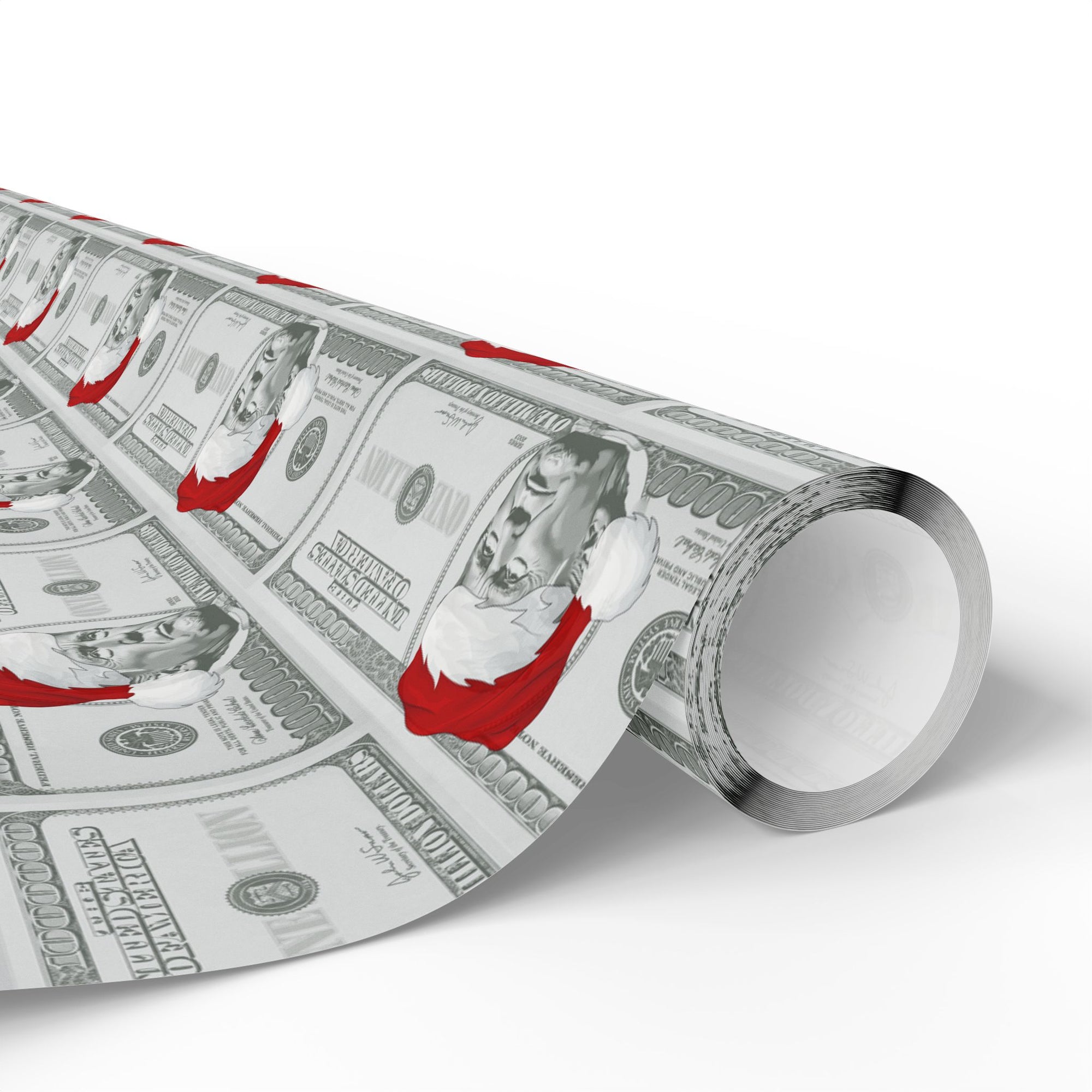 Gift wrap with million dollar bill design with POTUS in a Santa hats roll view