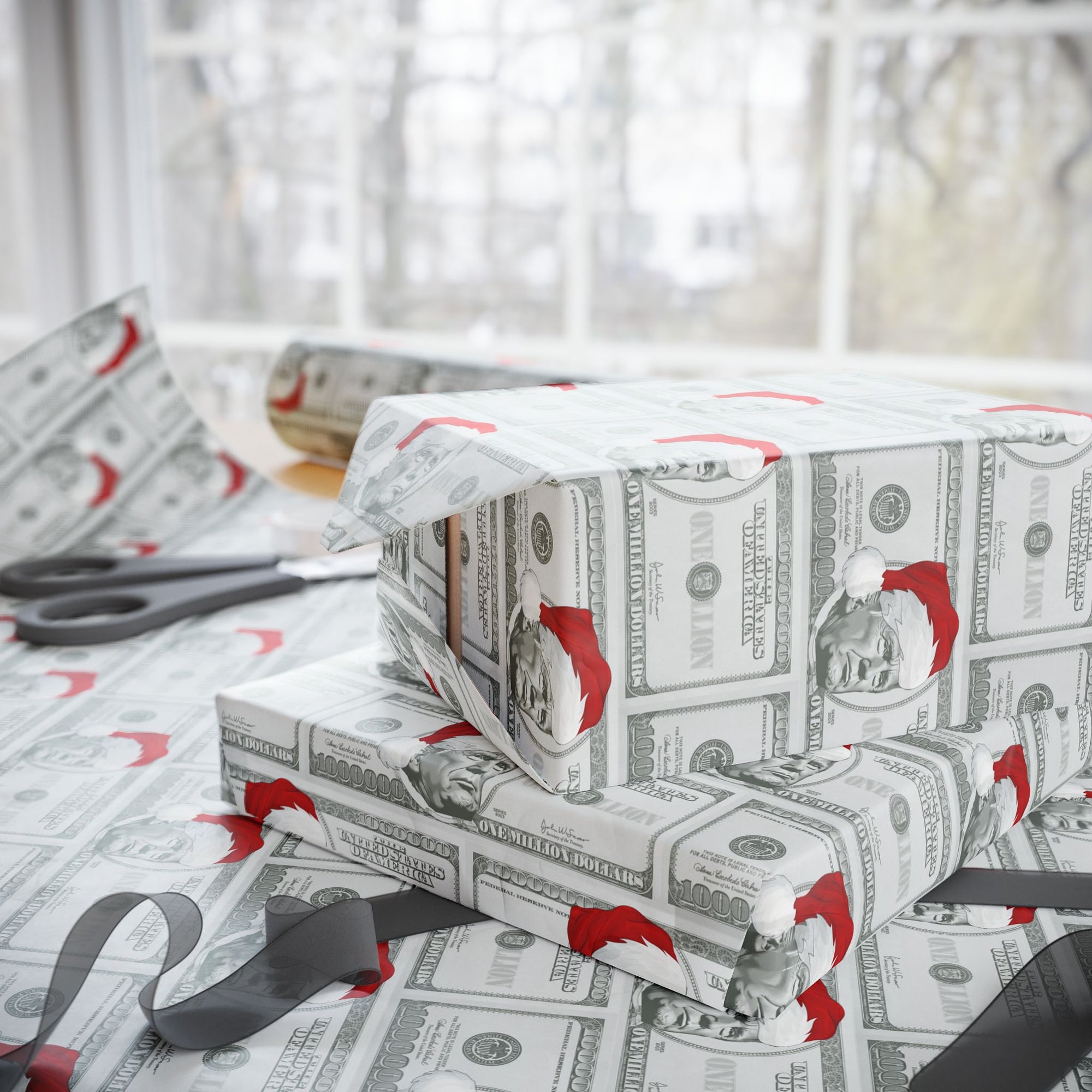 Gift wrap with million dollar bill design with POTUS in a Santa hats side view