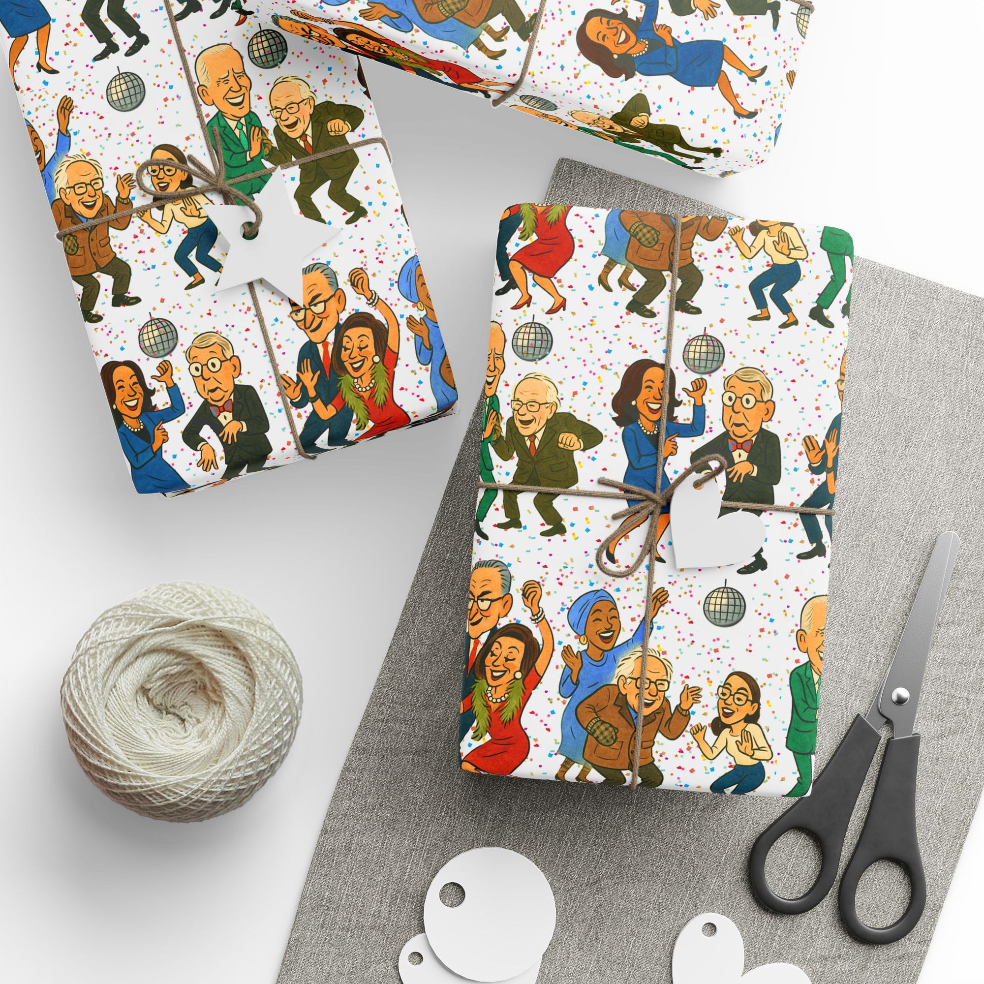 Gift wrap with politicians bernie and pelosi and sleepy joe dancing