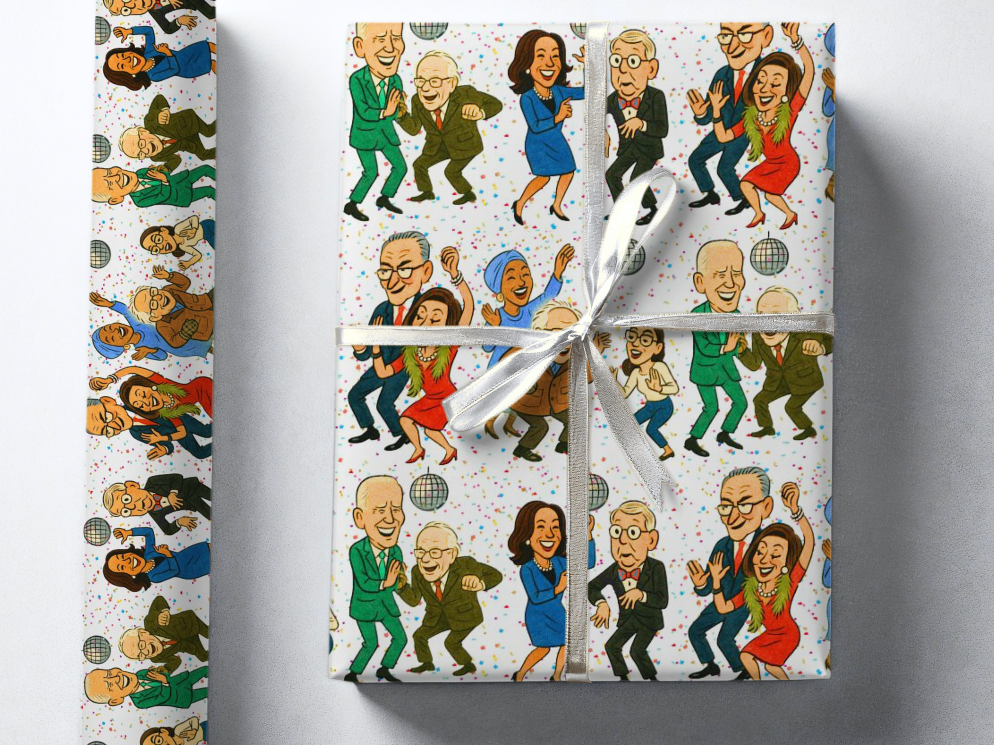 Gift box wrapped with a pattern of caricatured politicians like nancy pelosi, kamala Harris, Chuck Schumer, bernie sanders, joe biden, mitch mcconnell, ilhan omar, adam schiff dancing on a confetti background