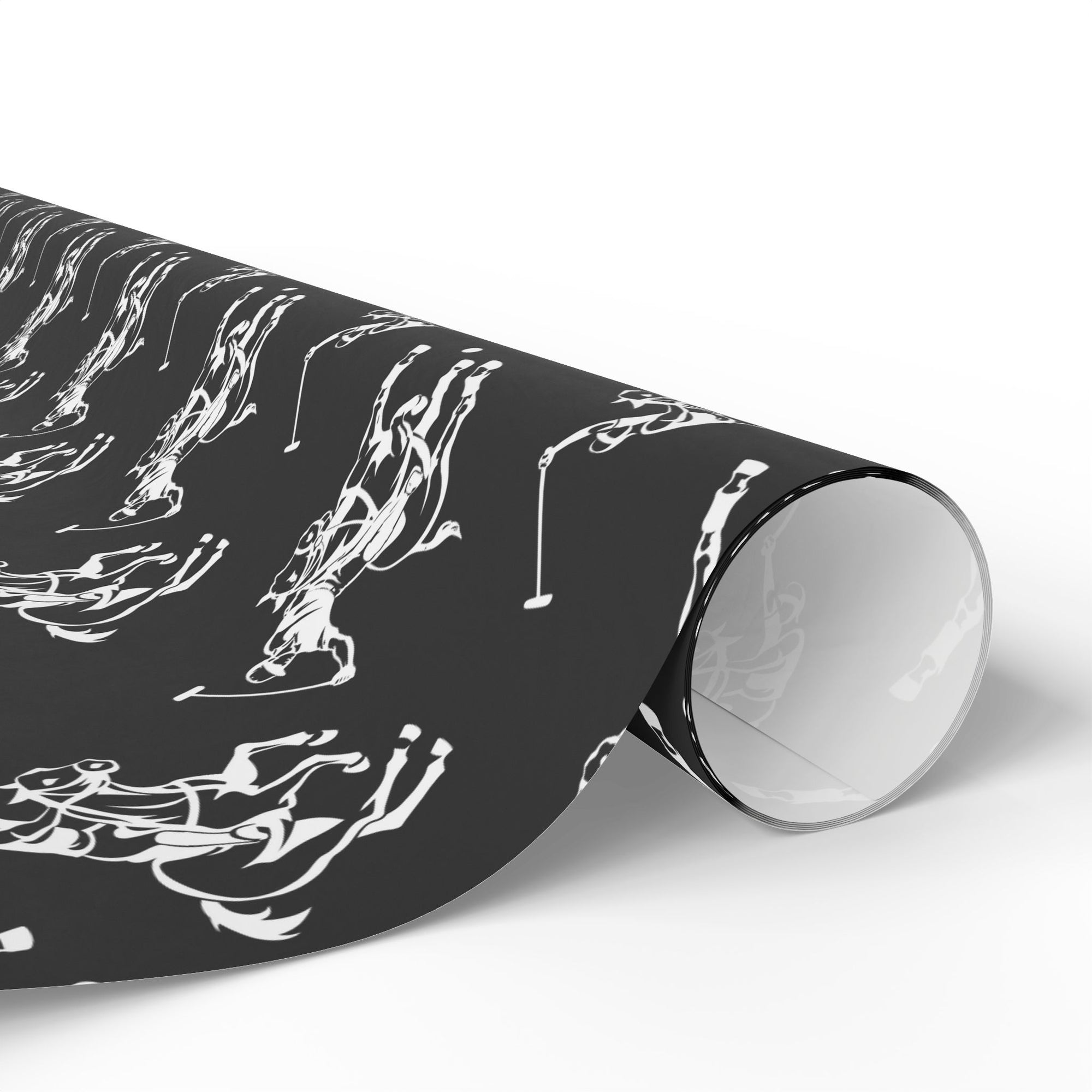 Roll of black and white wrapping paper with white polo players on horseback.