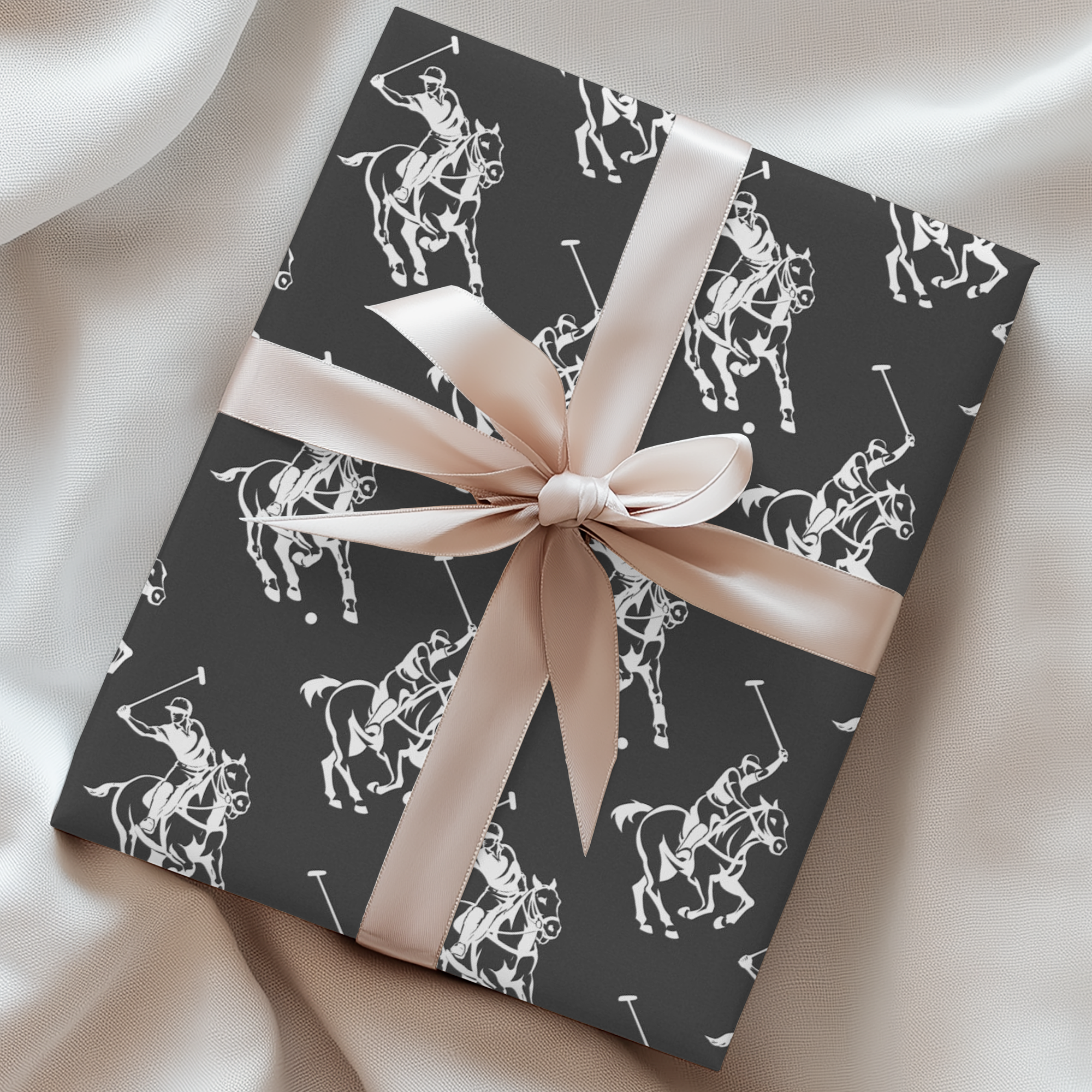 Gift wrapped in equestrian polo player pattern with pony and rider silhouettes.