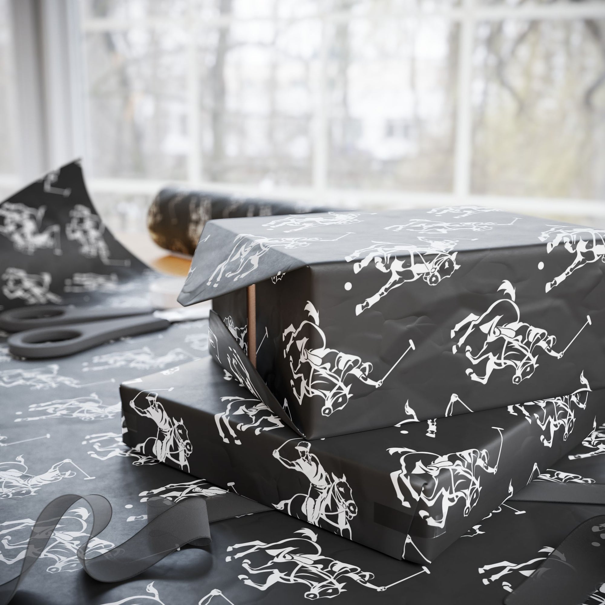 Polo player wrapping paper showing riders on horseback in motion with mallets.