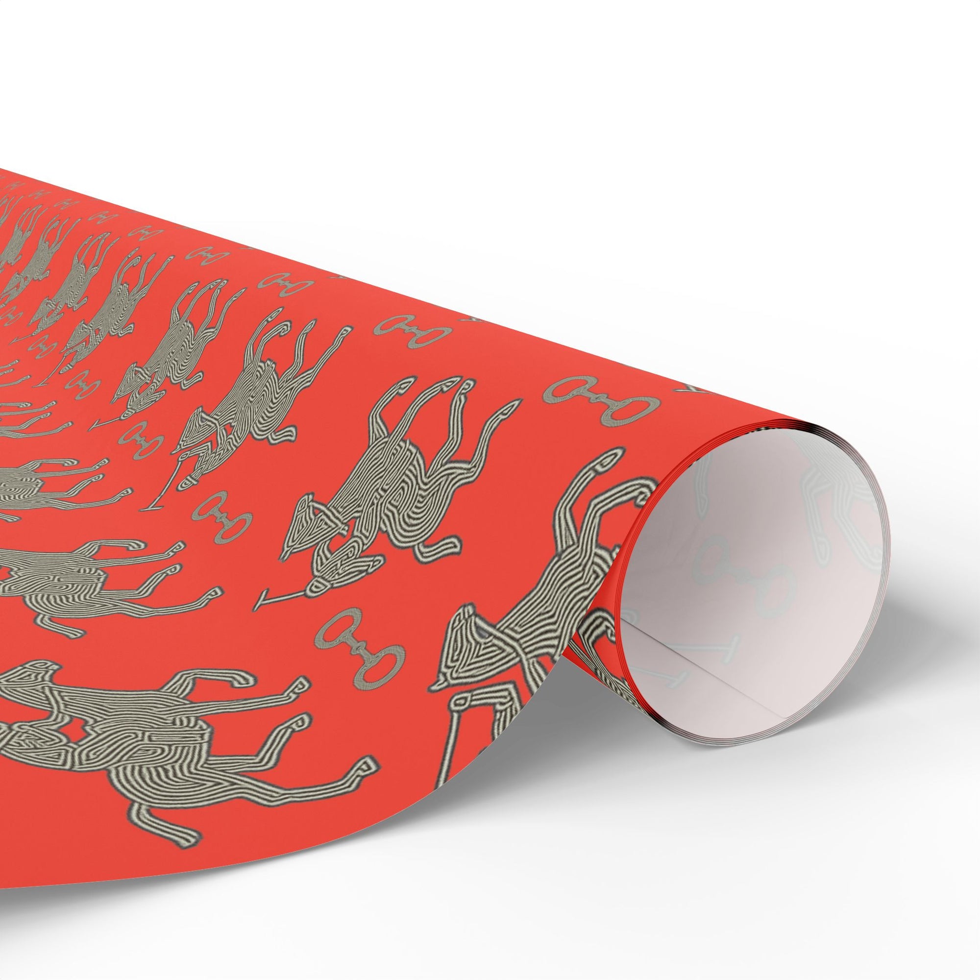 Red wrapping paper roll featuring silver polo players in a horse and rider pattern.