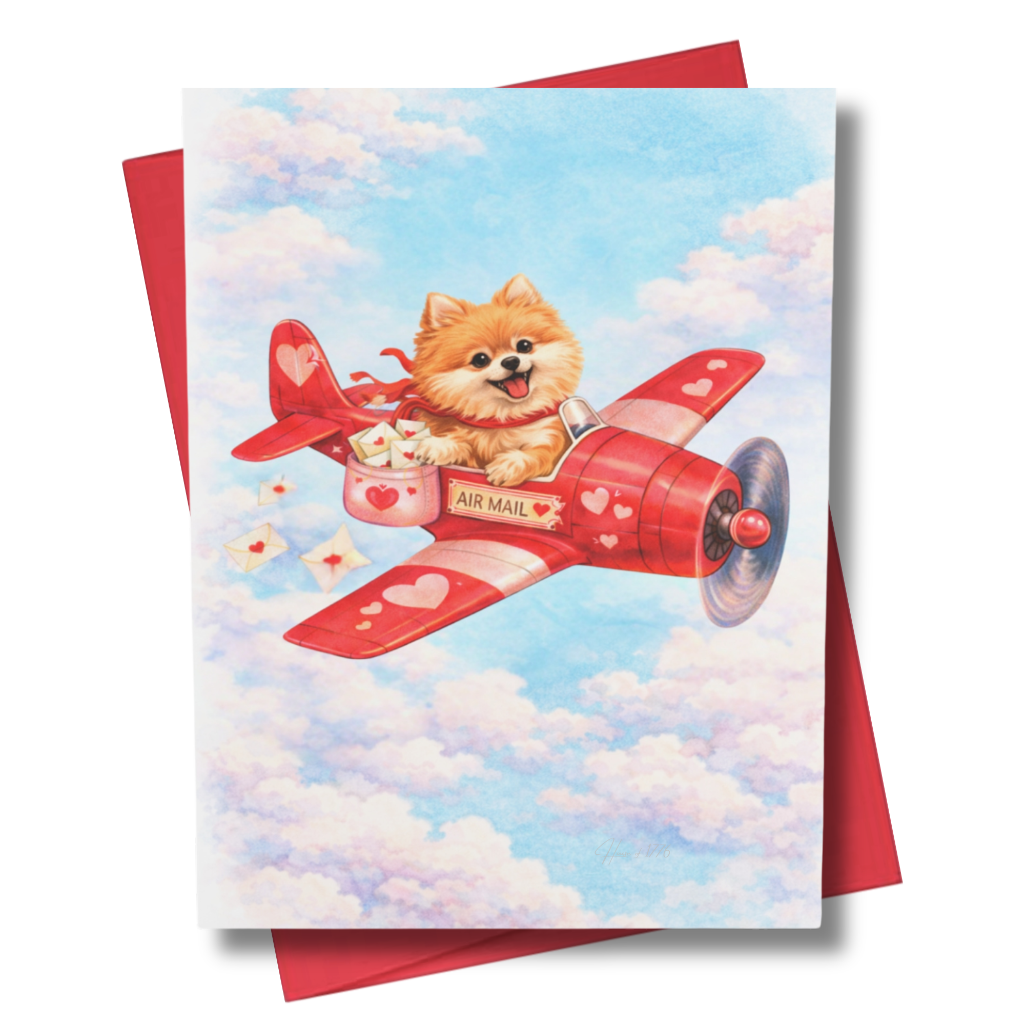 Greeting card featuring a Pomeranian dog in a red airplane against a blue sky with clouds