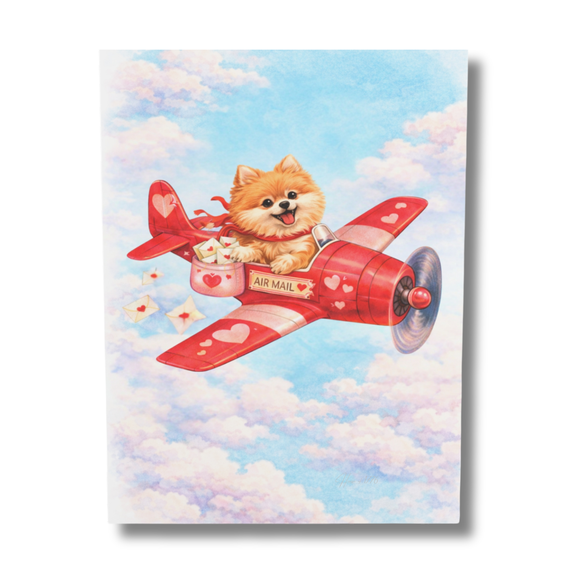 greeting card featuring a Pomeranian dog in a red airplane with hearts against a cloudy sky background
