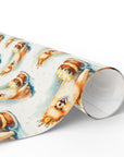 Roll of wrapping paper with dog and cake design on a white background