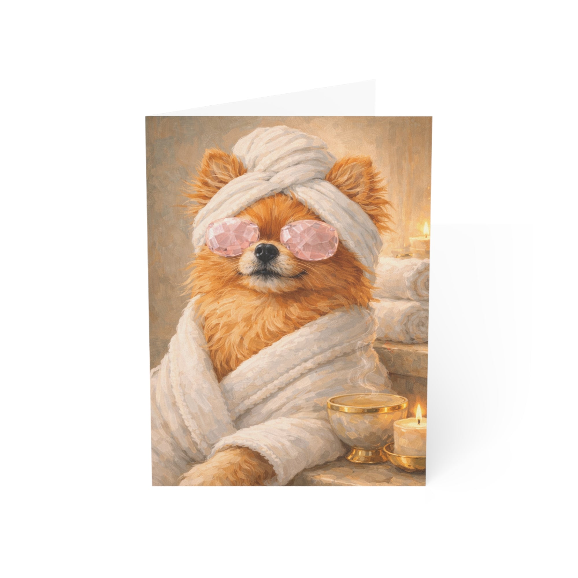greeting card with am Illustration of a pomeranian dog in a bathrobe with a towel on its head, sitting by a candle.