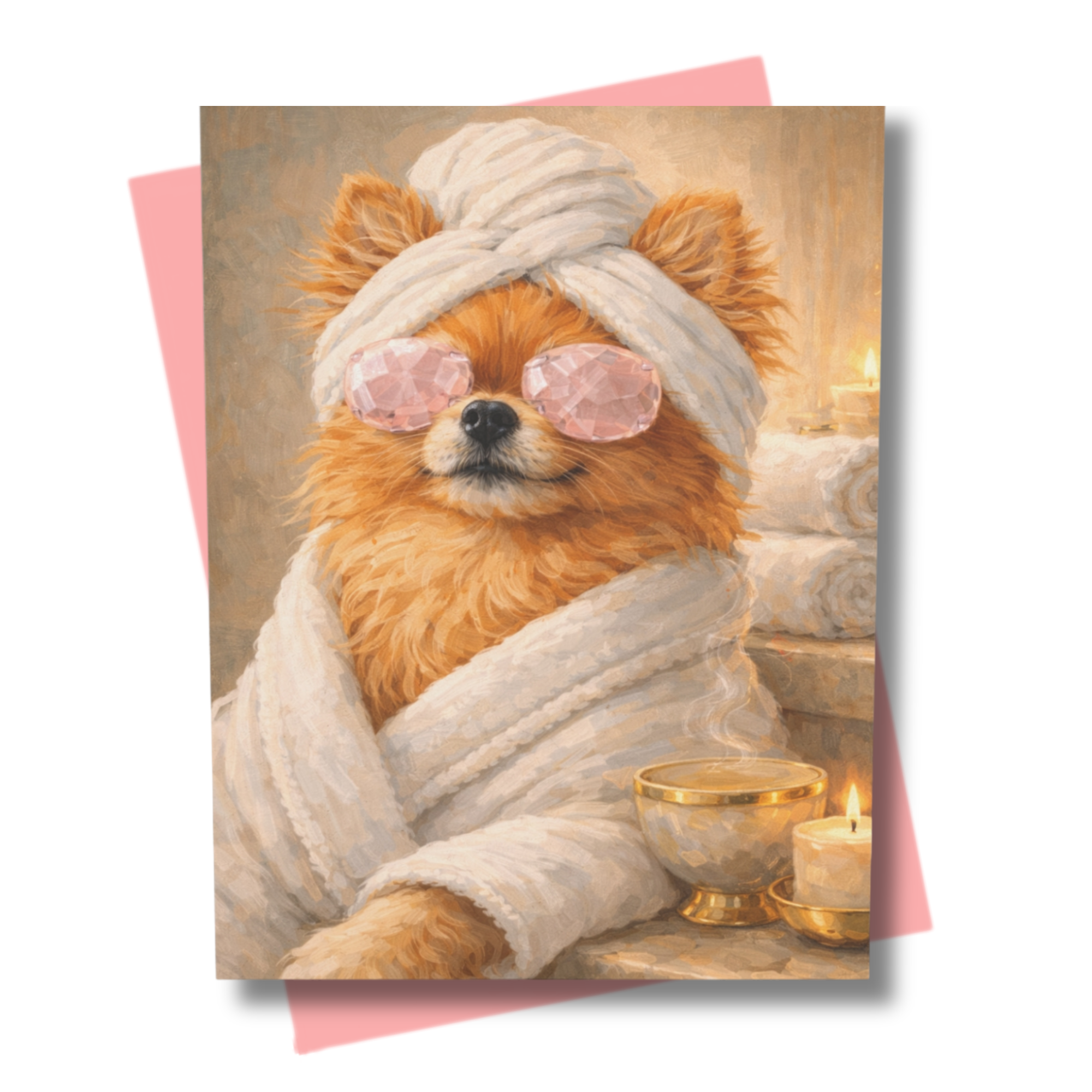 Card with a pomeranian dog in a bathrobe and towel, sitting by candles and towels.