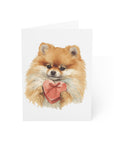Illustration of a pomeranian dog holding a heart-shaped box on a white background.