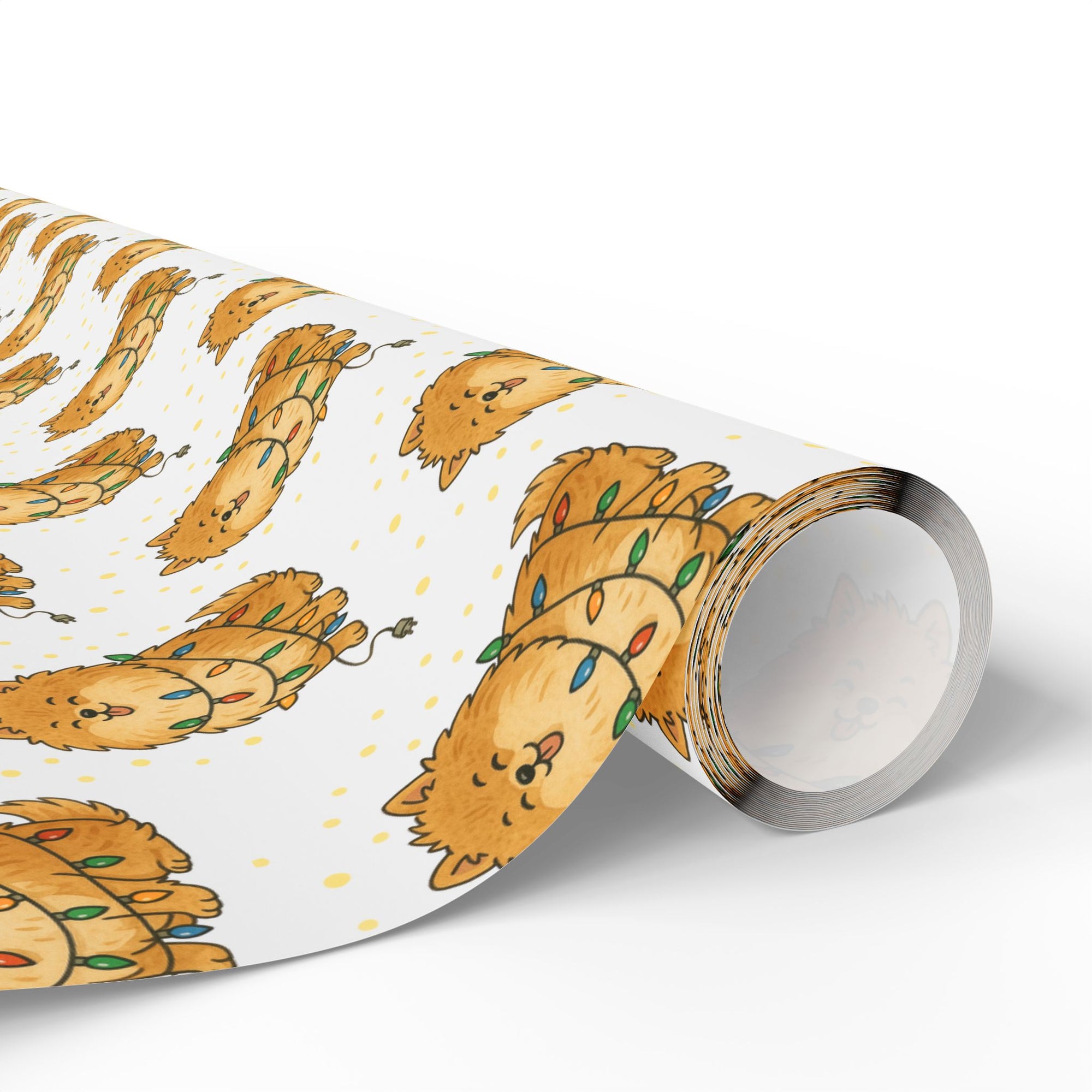christmas wrapping paper roll featuring a pomeranian wrapped in Christmas lights.