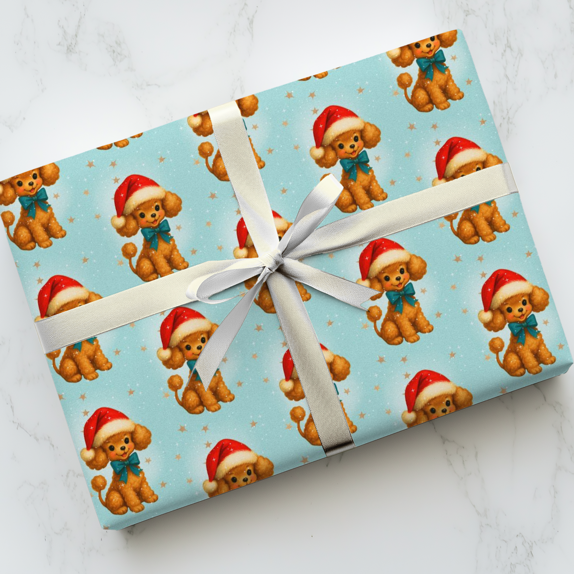 Christmas themed wrapping paper featuring a darling retro poodle in a santa cap on an aqua background.
