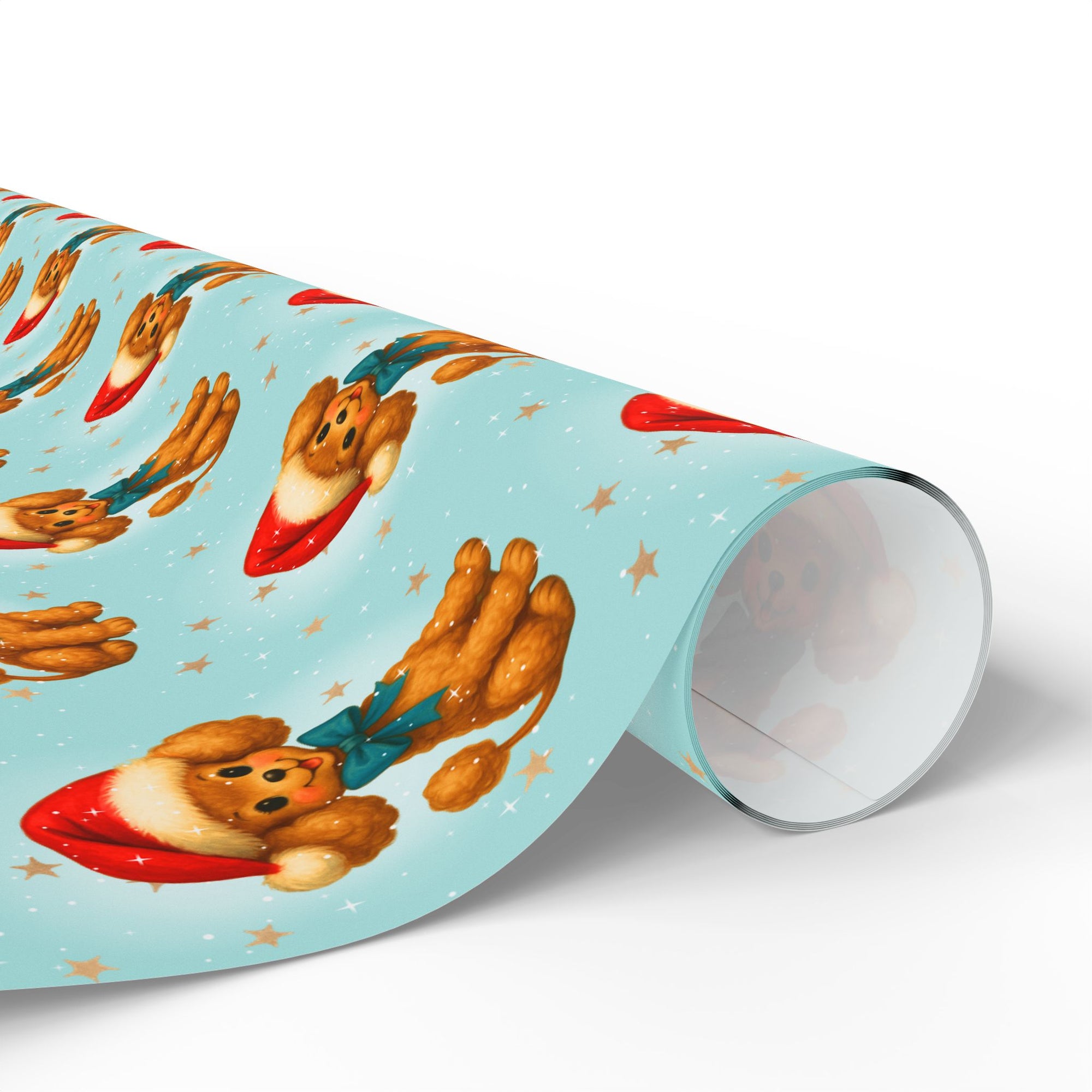 Roll of Chrimstas themed wrapping paper featuring a darling vintage poodle in a santa cap on an aqua background.