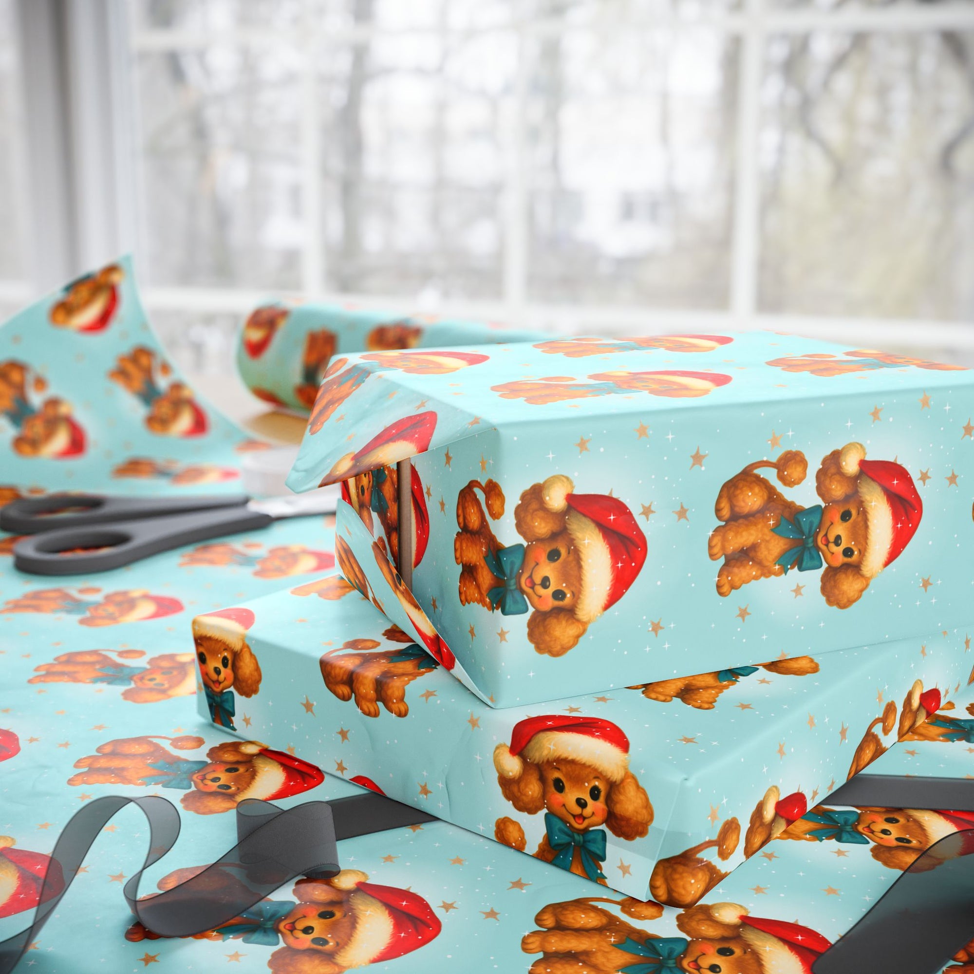 Darling aqua color wrapping paper featuring a retro poodle with a santa cap and snow falling gently in the background. 