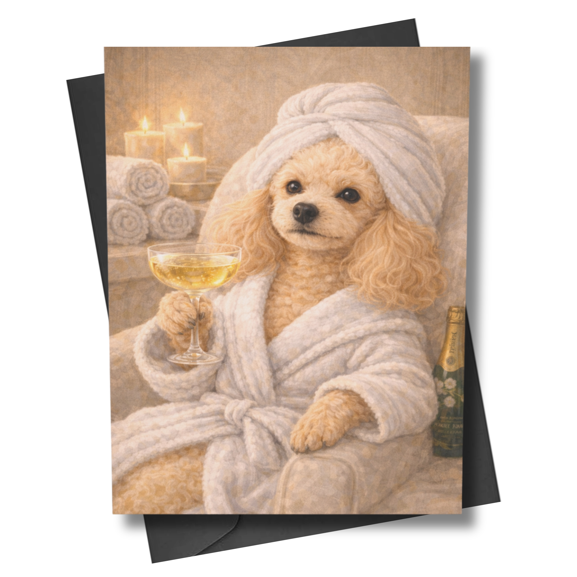 Card with a poodle in a robe holding a glass of wine, surrounded by candles and towels.