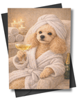 Card with a poodle in a robe holding a glass of wine, surrounded by candles and towels.