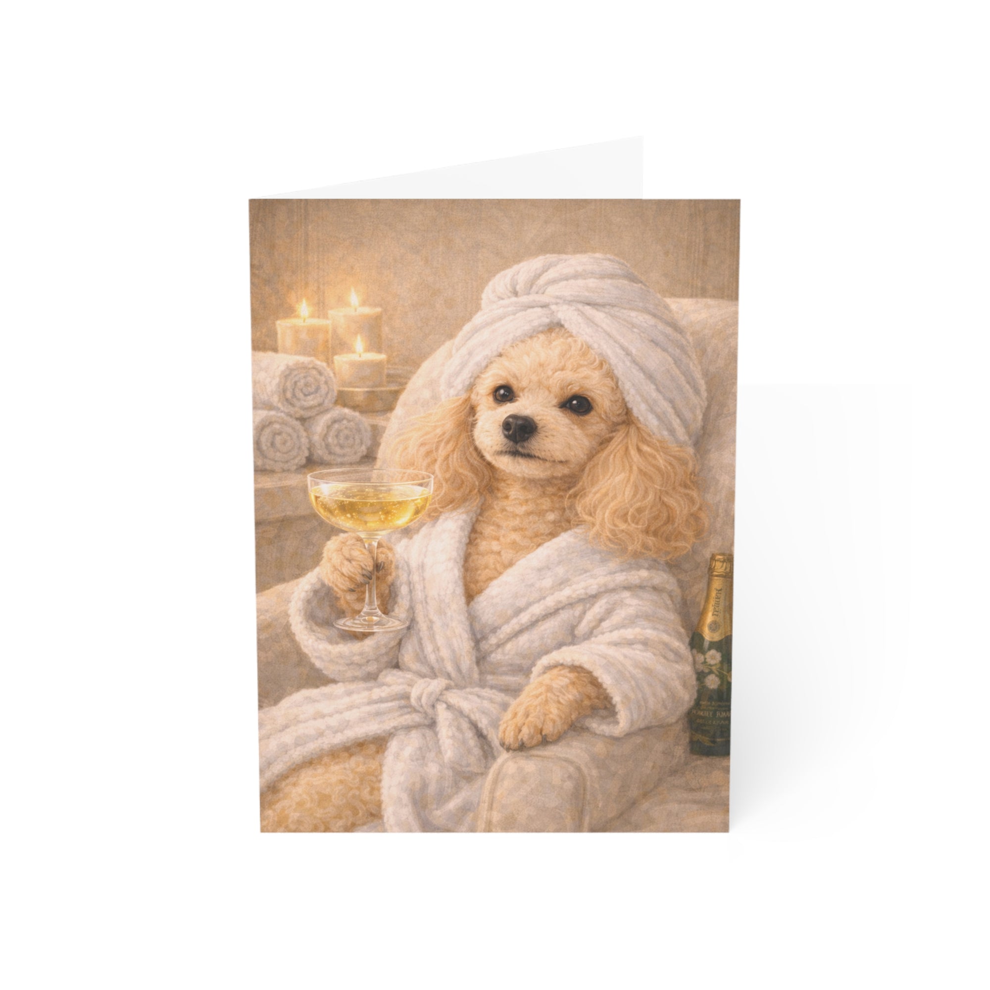 poodle in a robe holding a glass of wine with candles and towels on a greeting card.