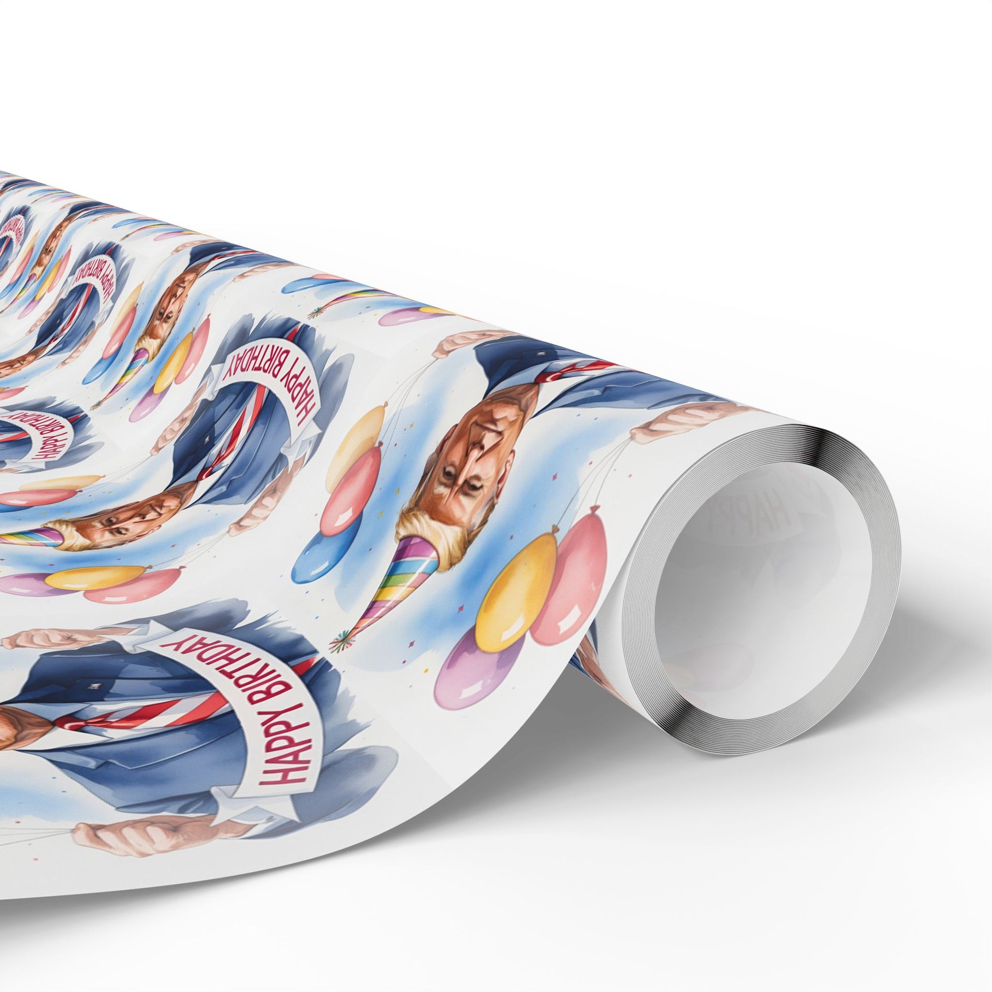 Gift wrap with a birthday-themed design featuring POTUS in a suit carrying  balloons and a birthday banner roll