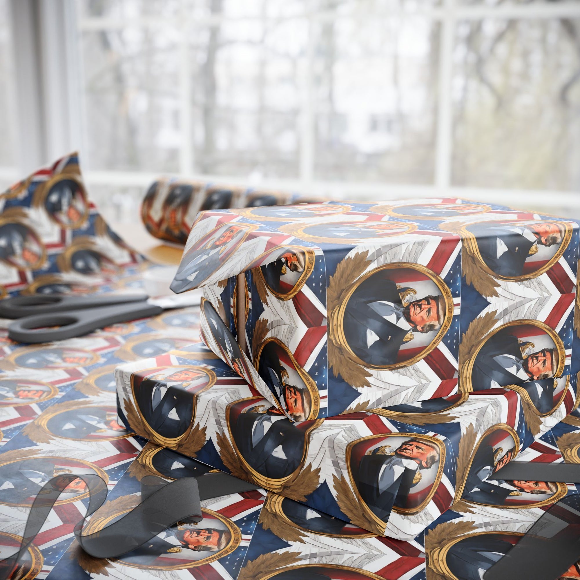Presidential-style political wrapping paper roll with bold patriotic design – conservative gift wrap made for statement gifts side