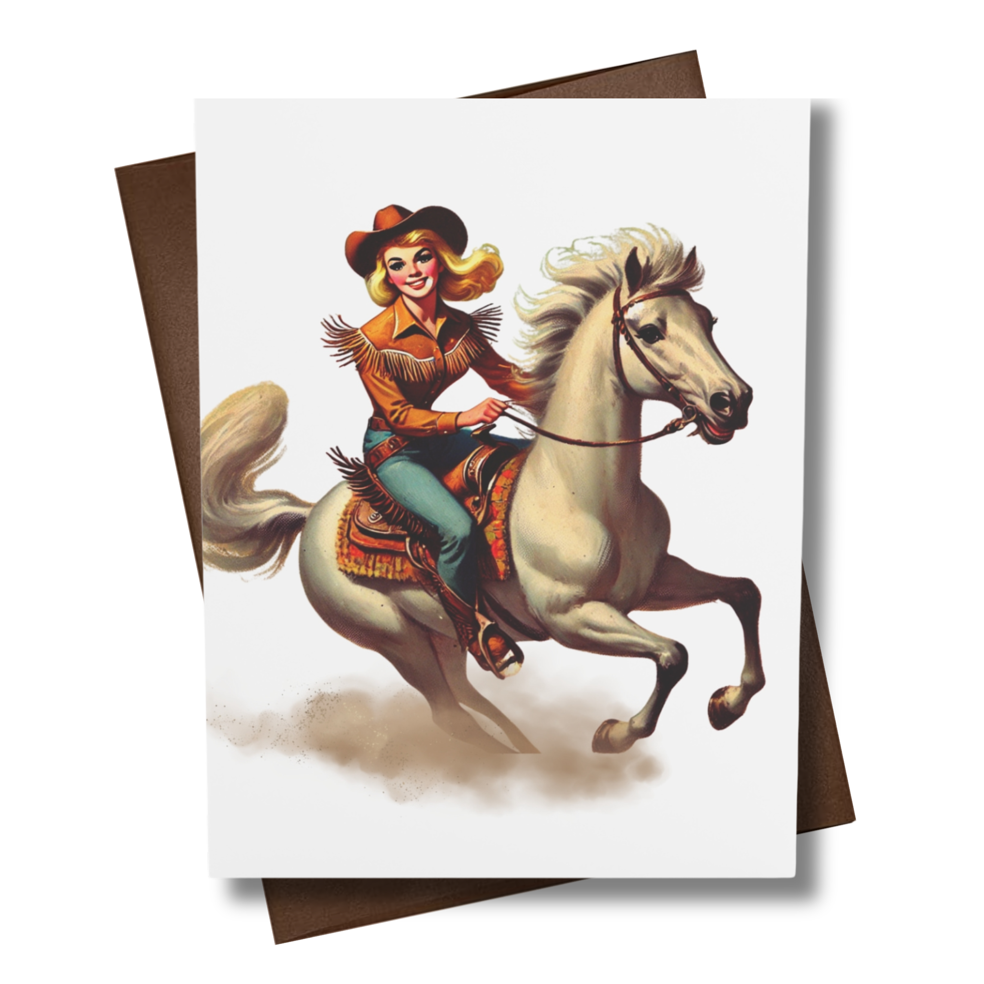 Greeting card with a cowgirl on a horse  at full speed cover