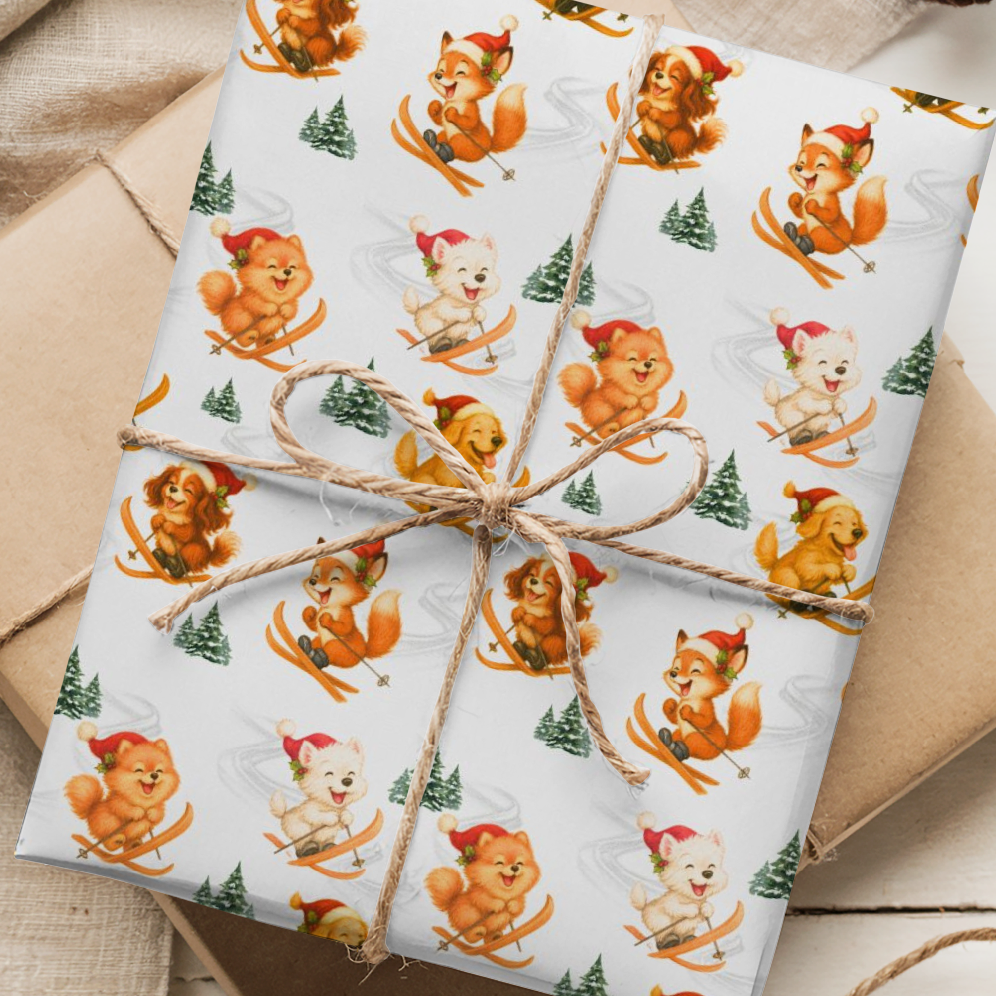 Christmas wrapping paper featuring a Pomeranian, Westie, cavalier, Golden Retreiver, and playful fox skiing down snowy slopes in Santa hats.