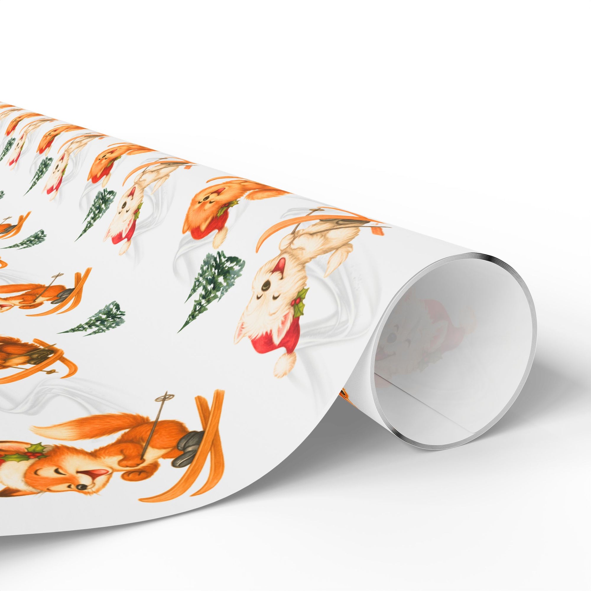 Christmas wrapping paper featuring a Pomeranian, Westie, cavalier, Golden Retreiver, and playful fox skiing down snowy slopes in Santa hats.