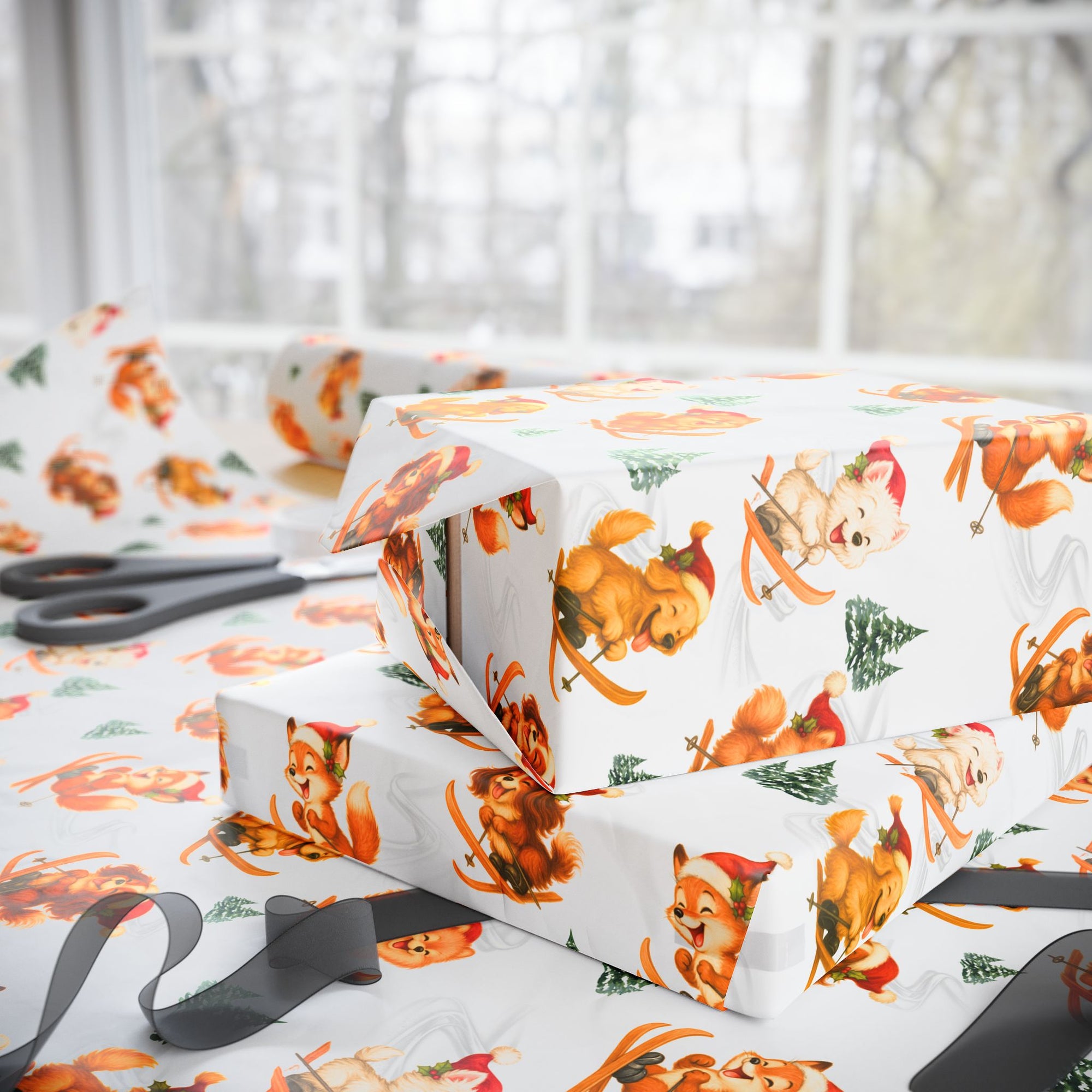 Christmas wrapping paper featuring a Pomeranian, Westie, cavalier, Golden Retreiver, and playful fox skiing down snowy slopes in Santa hats.
