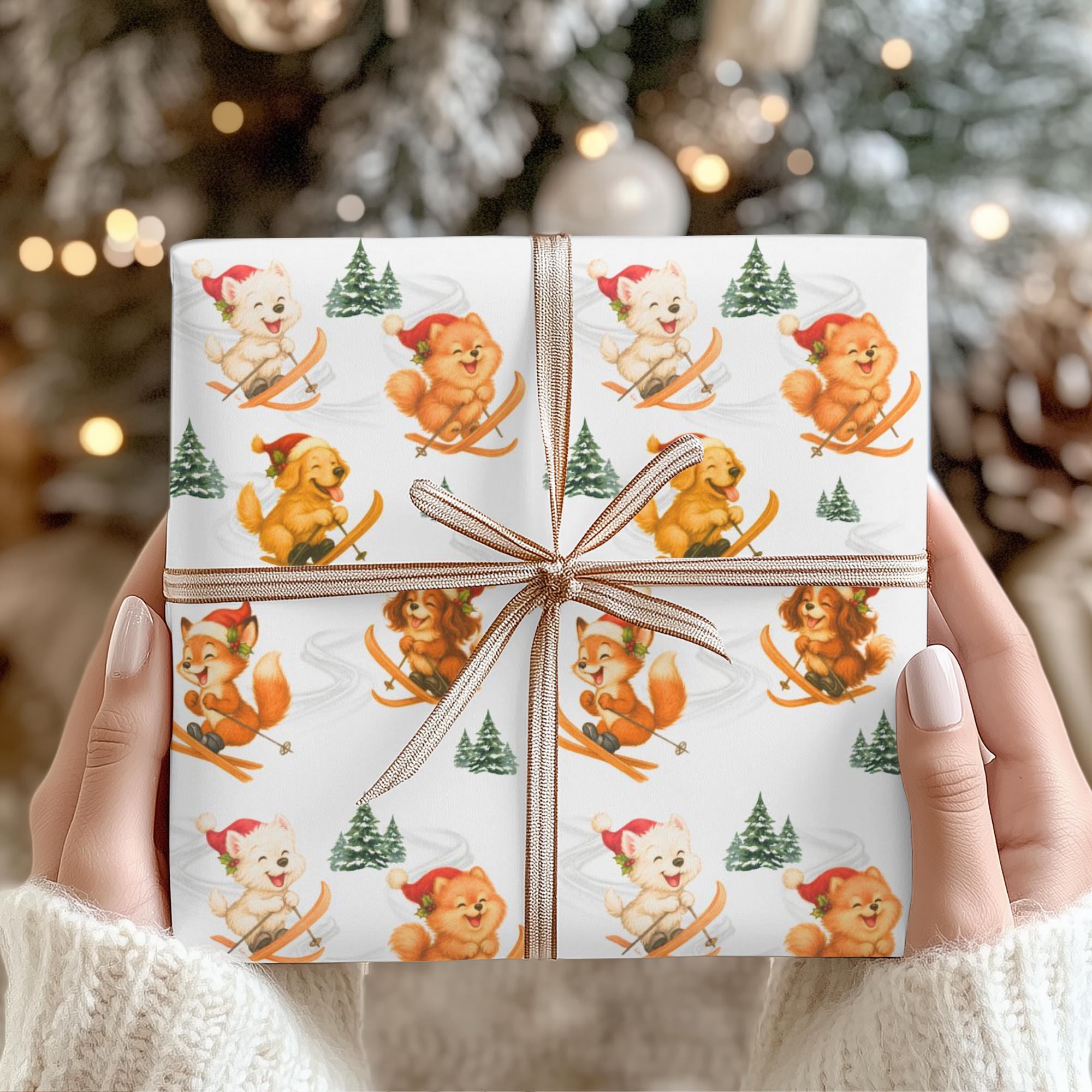 Christmas wrapping paper featuring a Pomeranian, Westie, cavalier, Golden Retreiver, and playful fox skiing down snowy slopes in Santa hats.